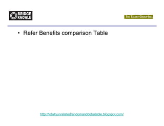 • Refer Benefits comparison Table




        http://totallyunrelatedrandomanddebatable.blogspot.com/
 
