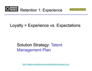 Retention 1: Experience


Loyalty = Experience vs. Expectations



   Solution Strategy: Talent
   Management Plan


      http://totallyunrelatedrandomanddebatable.blogspot.com/
 