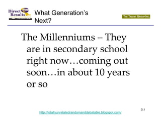 What Generation’s
  Next?

The Millenniums – They
 are in secondary school
 right now…coming out
 soon…in about 10 years
 or so

                                                              213
    http://totallyunrelatedrandomanddebatable.blogspot.com/
 