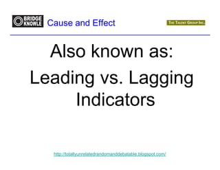 Cause and Effect


  Also known as:
Leading vs. Lagging
     Indicators

   http://totallyunrelatedrandomanddebatable.blogspot.com/
 
