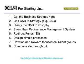 For Starting Up…

1.   Get the Business Strategy right
2.   Link CB to Strategy (e.g. BSC)
3.   Clarify the CB Philosophy
4.   Strengthen Performance Management System
5.   Redirect Funds ($$)
6.   Design simple processes
7.   Develop and Reward focused on Talent groups
8.   Communicate throughout


         http://totallyunrelatedrandomanddebatable.blogspot.com/
 