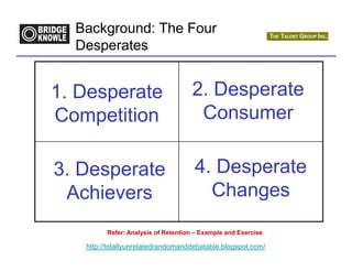 Background: The Four
  Desperates


1. Desperate                        2. Desperate
Competition                          Consumer

3. Desperate                         4. Desperate
 Achievers                             Changes
         Refer: Analysis of Retention – Example and Exercise

   http://totallyunrelatedrandomanddebatable.blogspot.com/
 