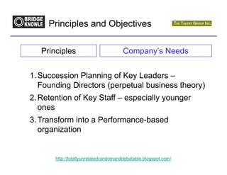 Principles and Objectives

   Principles                          Company’s Needs


1. Succession Planning of Key Leaders –
   Founding Directors (perpetual business theory)
2. Retention of Key Staff – especially younger
   ones
3. Transform into a Performance-based
   organization


       http://totallyunrelatedrandomanddebatable.blogspot.com/
 