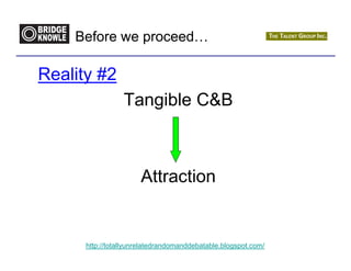 Before we proceed…

Reality #2
                 Tangible C&B



                      Attraction


      http://totallyunrelatedrandomanddebatable.blogspot.com/
 