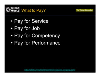 What to Pay?

•   Pay for Service
•   Pay for Job
•   Pay for Competency
•   Pay for Performance




        http://totallyunrelatedrandomanddebatable.blogspot.com/
 