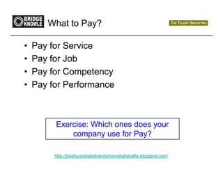What to Pay?

•   Pay for Service
•   Pay for Job
•   Pay for Competency
•   Pay for Performance



         Exercise: Which ones does your
             company use for Pay?

         http://totallyunrelatedrandomanddebatable.blogspot.com/
 