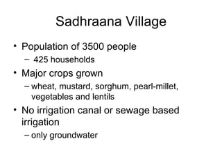 Sadhraana Village
• Population of 3500 people
  – 425 households
• Major crops grown
  – wheat, mustard, sorghum, pearl-millet,
    vegetables and lentils
• No irrigation canal or sewage based
  irrigation
  – only groundwater
 
