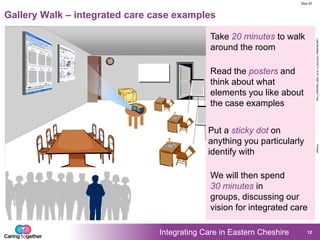Integrating Care in Eastern Cheshire
LastModified15/07/201312:57GMTStandardTimePrinted
Doc ID
12
Gallery Walk – integrated care case examples
Read the posters and
think about what
elements you like about
the case examples
Put a sticky dot on
anything you particularly
identify with
Take 20 minutes to walk
around the room
We will then spend
30 minutes in
groups, discussing our
vision for integrated care
 