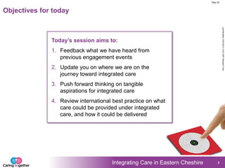 Integrating Care in Eastern Cheshire
LastModified15/07/201312:57GMTStandardTimePrinted
Doc ID
3
Objectives for today
Today’s session aims to:
1. Feedback what we have heard from
previous engagement events
2. Update you on where we are on the
journey toward integrated care
3. Push forward thinking on tangible
aspirations for integrated care
4. Review international best practice on what
care could be provided under integrated
care, and how it could be delivered
 
