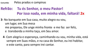 Comunhão Pelos prados e campinas
Refrão: Tu és Senhor, o meu Pastor!
Por isso nada, em minha vida, faltará! 2x
3- No banquete em Sua casa, muito alegro eu vou,
um lugar, em Sua mesa
me preparou, Ele unge minha fronte e me faz ser feliz,
e transborda a minha taça, em Seu amor.
4- Com alegria e esperança, caminhando eu vou, minha vida, está
sempre em Suas mãos, e na casa do Senhor, eu irei habitar,
e este canto, para sempre irei cantar.
 
