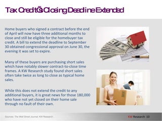 Tax Credit’s Closing Deadline Extended Home buyers who signed a contract before the end of April will now have three additional months to close and still be eligible for the homebuyer tax credit. A bill to extend the deadline to September 30 obtained congressional approval on June 30, the evening it was set to expire.  Many of these buyers are purchasing short sales which have notably slower contract-to-close time frames. A KW Research study found short sales often take twice as long to close as typical home sales.  While this does not extend the credit to any additional buyers, it is great news for those 180,000 who have not yet closed on their home sale through no fault of their own. Sources:  The Wall Street Journal,  KW Research  