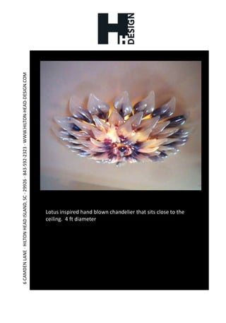 Lotus inspired hand blown chandelier that sits close to the ceiling.  4 ft diameter