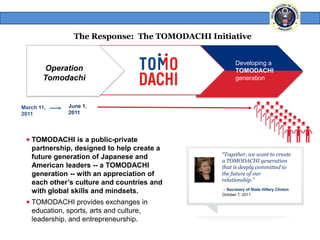 The Response: The TOMODACHI Initiative


                                                       Developing a
        Operation                                      TOMODACHI
        Tomodachi                                      generation



March 11,      June 1,
2011           2011




  TOMODACHI is a public-private
   partnership, designed to help create a
                                                “Together, we want to create
   future generation of Japanese and
                                                a TOMODACHI generation
   American leaders -- a TOMODACHI              that is deeply committed to
   generation -- with an appreciation of        the future of our
                                                relationship.”
   each other’s culture and countries and
                                                – Secretary of State Hillary Clinton
   with global skills and mindsets.             October 7, 2011

  TOMODACHI provides exchanges in
   education, sports, arts and culture,
   leadership, and entrepreneurship.
 