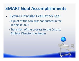 SMART Goal Accomplishments
•   Extra‐Curricular Evaluation Tool
    • A pilot of the tool was conducted in the 
      spring of 2012
    • Transition of the process to the District 
      Athletic Director has begun
 