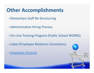 Other Accomplishments
•   Elementary Staff Re‐Structuring

•   Administrative Hiring Process

•   On‐Line Training Program (Public School WORKS)

•   Labor/Employee Relations Consistency

•   Employee Intranet
 