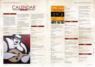 Egyptian Tourism Promotion Authority News letter                                                                                                                                                                                                                           Egyptian Tourism Promotion Authority News letter




                                                      CALENDAR
                                                                                                                                                                                                                                                        Time: 9 pm                                             6th - Humanist Films Night starting at 5 pm
                                                                                                                                                                                                          +++ Movie Monday +++
                                                                                                                                                                                                                       German with English Subtitles    17th                                                   8th - Samurai Films starting at 6 pm
                                                                                                                                                                                                                                                        Live Uplifting House                                   9th - Ed McBain and Shakespeare starting at 6
                                                                                                                                                                                                                                                        Soopar Lox/DJ Ouzo                                     pm
                                                                                       July 2012                                                                                                                                                                                                               10th - Hero Night Films starting at 6 pm
                                                                                                                                                                                                                                                        Cairo Jazz Club, 197, 26th July St. Agouza             11th - Films on Justice and Compassion start-
                                                                                                                                                                                                                                                        Tel: (02) 3346 1071                                    ing at 6 pm
                                                                                                                                                                                                                                                        Time: 10 pm                                            12th - Variety ﬁlms starting at 6 pm
                                           Art                           Works by: Hisham El Zeiny, Dina Fadel, Reem        Seven artists, who are current students or recent                                                                           19th                                                   13th & 14th - Samurai ﬁlms starting at 5 pm
                                                                        Hassan, Hany Rashed, Amr Fekry, Amr Khedr.          graduates from Cairo universities, will come                                                                                Vocal Deep House
                    1st - 13th                                           The works will be on display on two ﬂoors and      together for the semi-annual survey of emerging                                                                             DJ Misty and Hafez                                     Artistic Creativity Center, Cairo Opera Grounds
                    Artists Rania El Hakim and Wafaa Nashashibi         can be seen by appointment.                         artists. They will present media including paint-                                                                                                                                  Tel: (02) 2739 0132
                                                                                                                                                                                 When: July 2nd, 2012 at 6.30 pm
                    Wafaa’s oil paintings express the essence of                                                            ing, sound, video, performance, animation, pho-                                                                             Cairo Jazz Club, 197, 26th July St. Agouza
                                                                                                                                                                                 Where: austrianculturalforum/cairo
                    mankind in spite of all the varied challenges,      4 D, El Gezira Street, 11211 Zamalek, Cairo         tography and textiles.                                       1103 Corniche El Nil                                           Tel: (02) 3346 1071                                    7th
                                                                                                                                                                                        (next to Shepheard Hotel)                        sponsored by
                    emotions and fulﬁllments that people individu-      Tel.: +202 273 99 503/ 0122 6539 396                                                                             1st floor, Garden City                                         Time: 9 pm                                             Japanese Film Festival 2012
                    ally encounter. Rania is a long-time devotee to                                                         Townhouse Gallery of Contemporary Art,                                                                                                                                             Literary Figures Night - Dostoyevsky and
                    art and art history and her paintings capture a     3rd - September 16th                                First Floor Gallery                                                                                                                              Ballet                            Akutagawa
                    melange of relationships and establishes a dia-     “The Collective Exhibition 2012”                    10 Nabrawy Street off Champollion Street,
                    logue between the static and dynamic, the visi-     Sixty artists exhibiting their most recent paint-   Downtown - Cairo                                                                                                            1st                                                    Sawy Cultural Wheel, end of 26 July St. Zamalek
                    ble and invisible and show their connections as a   ings using different media, styles and tech-        Tel: (0 2) 2576 8086                                 Adam Miller ft. Dawan Muhammad.                                        Flamenco                                               Time: Starting at 5 pm
                    reﬂection of the human soul.                        niques. Guest of honor is late artist Nerman                                                             Miller is an outstanding guitarist. He has played                      Inauguration of Opera Summer Festival (Spain)
                                                                        Sadek, who is famous for her beautiful ﬂowers                            Music                           an array of international and local festivals,                                                                                16th
                    The Gallery, 6 Salah El Din St. Zamalek.            and landscapes.                                                                                          including the Montreal Jazz Festival and Austra-                       Main Hall, Cairo Opera House                           Austrian Film Screening
                    Tel: (02) 2736 5772                                                                                     3rd                                                  lian Blues Festival.                                                   Tel: (02) 2739 0132                                    Animation Film Night. Seven Award winning ﬁlms
                    Time: Opening hours 10.30 a, to 9 pm daily.         Duroub Art Gallery, 4 Latin America Street,         Rock                                                                                                                        Time: 8 pm                                             which all tell different stories. English subtitles.
                    Closed Fridays                                      Garden City.                                        The Jailbirds                                        Cairo Jazz Club, 197, 26th July St. Agouza
                                                                                                                                                                                 Tel: (02) 3346 1071                                                    4th & 6th - 9th                                        Austrian Cultural Forum, 1103 Corniche El Nil, (next
                    1st - end September                                 8th - August 1st                                    Cairo Jazz Club, 197, 26th July St. Agouza           Time: 8 pm                                                             Zorba and El Leila El Kebira                           to Shepheard Hotel). 1st ﬂoor, Apt. 7, Garden City.
                    “Summer Exhibition 2012“                            “The Pick 5”                                        Tel: (02) 3346 1071                                  10th                                                                   One Act Performances                                   Tel: (02) 3570 2975
                                                                                                                            Time: 8 pm                                           Arabic Pop Rock                                                                                                               Time: 7 pm
                    Mostafa Rahma, Duroub Art Gallery                                                                                                                            Mariam and Abou                                                        Main Hall, Cairo Opera House
                                                                                                                            4th                                                                                                                         Tel: (02) 2739 0132                                    17th - 18th
                                                                                                                            Jazz and Trip Hop                                    Cairo Jazz Club, 197, 26th July St. Agouza                             Time: 8 pm                                             Japanese Film Festival 2012
                                                                                                                            Hungarian artist Marge                               Tel: (02) 3346 1071                                                                                                           Literary Figures Night - Dostoyevsky and
                                                                                                                                                                                 Time: 8 pm                                                                          Film Screening                            Akutagawa
                                                                                                                            El Sawy Cultural Wheel, end 26 July St. Zamalek
                                                                                                                            Tel: 2736 8881                                       13th                                                                   2nd                                                    Al Horreya Center for Creative Art
                                                                                                                            Time: 8 pm                                           Music Festival                                                         Austrian Film Screening                                Alexandria
                                                                                                                                                                                                                                                        “The Unintentional Kidnapping of Mrs. Elfriede         Tel: (03) 480 0138
                                                                                                                            5th                                                  Jesuits Cultural Center, Alexandria                                    Ott.” A ﬁlm by Andreas Prochaska. Film with
                                                                                                                            Jazz, Pop, Folk                                      298 Port Said St. Alexandria                                           English subtitles                                                           Ethnic
                                                                                                                            Eve Fleishman sings with a soft, sultry voice that   Tel: (03) 542 3553
                                                                                                                            harkens back to an earlier time. Her songs reﬂect    Time: 8 pm                                                             Austrian Cultural Forum, 1103 Corniche El Nil, (next   14th
                                                                                                                            a mysterious mood and a sense of longing.                                                                                   to Shepheard Hotel). 1st ﬂoor, Apt. 7, Garden City.    Modern Folkloric
                                                                                                                                                                                 13th                                                                   Time: 6.30 pm                                          Basheer Group
                                                                                                                            Cairo Jazz Club, 197, 26th July St. Agouza           Rock Music                                                             Tel: (02) 3570 2975




                                                                                                                                                                                                                                                                                                                                                                      Live Colors Egypt
                                                                                                                            Tel: (02) 3346 1071                                  Andromeda Band                                                                                                                Cairo Jazz Club, 197, 26th July St. Agouza
Live Colors Egypt




                                                                                                                            Time: 8 pm                                                                                                                  4th                                                    Tel: (02) 3346 1071
                                                                                                                                                                                 El Sawy Cultural Wheel, end 26 July St. Zamalek                        Austrian Film Screening                                Time: 10 pm
                                                                                                                            7th                                                  Tel: 2736 8881                                                         “The Third Man”. A ﬁlm by Carol Reed. Film in
                                                                                                                            World Music                                          Time: 8.30 pm                                                          English with German subtitles                                        Special Events
                                                                                                                            Malaleem ft. Ahmed Yassin, Adham Kafafy and          15th
                                                                                                                            Kareem Hossam                                        Rhythmic Latin Jazz                                                    Austrian Cultural Forum, 1103 Corniche El Nil, (next   7th
                                                                                                                                                                                 Eleonora Lannotta.                                                     to Shepheard Hotel). 1st ﬂoor, Apt. 7, Garden City.    International Nubian Day Festival
                                                                                                                            Cairo Jazz Club, 197, 26th July St. Agouza           Italian vocalist Eleonora and her all star band                        Tel: (02) 3570 2975                                    Toushky Folkloric Art Ensemble
                                                                                                                            Tel: (02) 3346 1071                                  deliver another performance with their rhythmic                        Time: 7 pm
                                                                                                                            Time: 10 pm                                          Latin jazz, samba and bosso nova arrangements.                                                                                Main Hall, Cairo Opera House
                                                                                                                                                                                                                                                        5th - 14th                                             Tel: (02) 2739 0132
                                                                                                                            8th                                                  Cairo Jazz Club, 197, 26th July St. Agouza                             Japanese Film Festival 2012                            Time: 8 pm
                                                                                                                            Modern Fusion Jazz                                   Tel: (02) 3346 1071                                                    Kurosawa’s Masterpieces


                    8    July . 2012                                                                                                                                                                                                                                                                                                                July . 2012 9
 