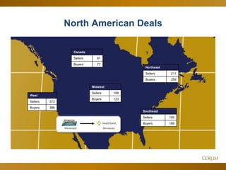 21
North American Deals
West
Sellers 373
Buyers 396
Midwest
Sellers 108
Buyers 123
Canada
Sellers 91
Buyers 77
Northeast
Sellers 211
Buyers 259
Southeast
Sellers 195
Buyers 186
Mississippi Minnesota
 