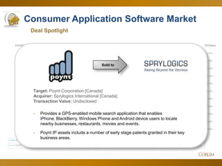 50
Consumer Application Software Market
0.00 x
0.20 x
0.40 x
0.60 x
0.80 x
1.00 x
1.20 x
1.40 x
1.60 x
1.80 x
2.00 x
0.00 x
1.00 x
2.00 x
3.00 x
4.00 x
5.00 x
6.00 x
7.00 x
8.00 x
9.00 x
EV/SalesEV/EBITDA
Jun-12 Jul-12 Aug-12 Sep-12 Oct-12 Nov-12 Dec-12 Jan-13 Feb-13 Mar-13 Apr-13 May-13 Jun-13
EV/EBITDA 8.17 x 7.66 x 6.90 x 7.67 x 7.10 x 6.16 x 6.07 x 6.03 x 6.46 x 7.26 x 7.18 x 7.40 x 7.32 x
EV/S 1.05 x 1.04 x 1.36 x 1.25 x 1.26 x 1.31 x 1.29 x 1.68 x 1.45 x 1.66 x 1.69 x 1.73 x 1.61 x
Sold to
Target: Poynt Corporation [Canada]
Acquirer: Sprylogics International [Canada]
Transaction Value: Undisclosed
- Provides a GPS-enabled mobile search application that enables
iPhone, BlackBerry, Windows Phone and Android device users to locate
nearby businesses, restaurants, movies and events.
- Poynt IP assets include a number of early stage patents granted in their key
business areas.
Deal Spotlight
 