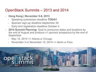 8
OpenStack Summits – 2013 and 2014
‣ Hong Kong | November 5-8, 2013
‣ Speaking submission deadline TODAY
‣ Sponsor sign-u...