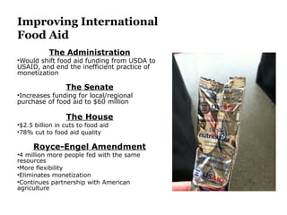 Improving International
Food Aid
The Administration
•Would shift food aid funding from USDA to
USAID, and end the inefficient practice of
monetization
The Senate
•Increases funding for local/regional
purchase of food aid to $60 million
The House
•$2.5 billion in cuts to food aid
•78% cut to food aid quality
Royce-Engel Amendment
•4 million more people fed with the same
resources
•More flexibility
•Eliminates monetization
•Continues partnership with American
agriculture
 