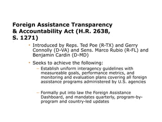 Foreign Assistance Transparency
& Accountability Act (H.R. 2638,
S. 1271)
) • Introduced by Reps. Ted Poe (R-TX) and Gerry
Connolly (D-VA) and Sens. Marco Rubio (R-FL) and
Benjamin Cardin (D-MD)
• Seeks to achieve the following:
– Establish uniform interagency guidelines with
measureable goals, performance metrics, and
monitoring and evaluation plans covering all foreign
assistance programs administered by U.S. agencies
– Formally put into law the Foreign Assistance
Dashboard, and mandates quarterly, program-by-
program and country-led updates
 