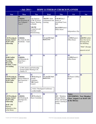July 14 Calendar