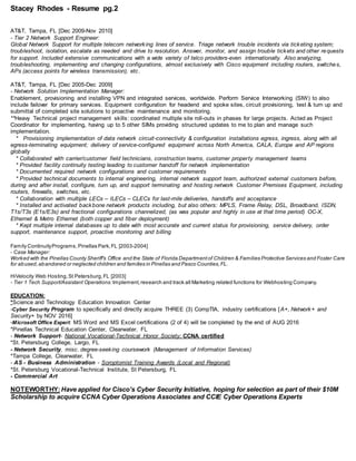 Stacey Rhodes - Resume pg.2
AT&T, Tampa, FL [Dec 2009-Nov 2010]
- Tier 2 Network Support Engineer:
Global Network Support for multiple telecom networking lines of service. Triage network trouble incidents via ticketing system;
troubleshoot, isolation, escalate as needed and drive to resolution. Answer, monitor, and assign trouble tickets and other requests
for support. Included extensive communications with a wide variety of telco providers-even internationally. Also analyzing,
troubleshooting, implementing and changing configurations, almost exclusively with Cisco equipment including routers, switches,
APs (access points for wireless transmission), etc.
AT&T, Tampa, FL [Dec 2005-Dec 2009]
- Network Solution Implementation Manager:
Enablement, provisioning and installing VPN and integrated services, worldwide. Perform Service Interworking (SIW) to also
include failover for primary services. Equipment configuration for headend and spoke sites, circuit provisioning, test & turn up and
submittal of completed site solutions to proactive maintenance and monitoring.
**Heavy Technical project management skills: coordinated multiple site roll-outs in phases for large projects. Acted as Project
Coordinator for implementing, having up to 5 other SIMs providing structured updates to me to plan and manage such
implementation.
* Provisioning implementation of data network circuit-connectivity & configuration installations egress, ingress, along with all
egress-terminating equipment; delivery of service-configured equipment across North America, CALA, Europe and AP regions
globally
* Collaborated with carrier/customer field technicians, construction teams, customer property management teams
* Provided facility continuity testing leading to customer handoff for network implementation
* Documented required network configurations and customer requirements
* Provided technical documents to internal engineering, internal network support team, authorized external customers before,
during and after install, configure, turn up, and support terminating and hosting network Customer Premises Equipment, including
routers, firewalls, switches, etc.
* Collaboration with multiple LECs – ILECs – CLECs for last-mile deliveries, handoffs and acceptance
* Installed and activated backbone network products including, but also others: MPLS, Frame Relay, DSL, Broadband, ISDN,
T1s/T3s (E1s/E3s) and fractional configurations channelized, (as was popular and highly in use at that time period) OC-X,
Ethernet & Metro Ethernet (both copper and fiber deployment)
* Kept multiple internal databases up to date with most accurate and current status for provisioning, service delivery, order
support, maintenance support, proactive monitoring and billing
Family ContinuityPrograms,Pinellas Park,FL [2003-2004]
- Case Manager:
Worked with the Pinellas County Sheriff’s Office and the State of Florida Departmentof Children & Families Protective Services and Foster Care
for abused,abandoned or neglected children and families in Pinellas and Pasco Counties,FL.
HiVelocity Web Hosting,St Petersburg,FL [2003]
- Tier 1 Tech Support/Assistant Operations:Implement, research and track all Marketing related functions for Webhosting Company.
EDUCATION:
*Science and Technology Education Innovation Center
-Cyber Security Program to specifically and directly acquire THREE (3) CompTIA, industry certifications [A+, Network+ and
Security+ by NOV 2016]
-Microsoft Office Expert: MS Word and MS Excel certifications (2 of 4) will be completed by the end of AUG 2016
*Pinellas Technical Education Center, Clearwater, FL
- Network Support- National Vocational-Technical Honor Society; CCNA certified
*St. Petersburg College, Largo, FL
- Network Security, misc. degree-seeking coursework (Management of Information Services)
*Tampa College, Clearwater, FL
- AS - Business Administration - Soroptomist Training Awards (Local and Regional)
*St. Petersburg Vocational-Technical Institute, St Petersburg, FL
- Commercial Art
NOTEWORTHY:Have applied for Cisco’s Cyber Security Initiative, hoping for selection as part of their $10M
Scholarship to acquire CCNA Cyber Operations Associates and CCIE Cyber Operations Experts
 