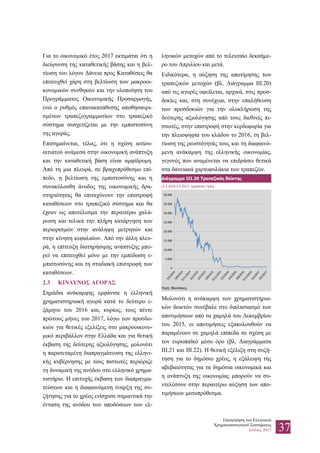 Επισκόπηση του Ελληνικού
Χρηματοπιστωτικού Συστήματος
Ιούλιος 2017 37
Για το οικονομικό έτος 2017 εκτιμάται ότι η
διεύρυνση της καταθετικής βάσης και η βελ-
τίωση του λόγου Δάνεια προς Καταθέσεις θα
επιτευχθεί χάρη στη βελτίωση των μακροοι-
κονομικών συνθηκών και την υλοποίηση του
Προγράμματος Οικονομικής Προσαρμογής,
ενώ ο ρυθμός επανακατάθεσης αποθησαυρι-
σμένων τραπεζογραμματίων στο τραπεζικό
σύστημα συσχετίζεται με την εμπιστοσύνη
της αγοράς.
Επισημαίνεται, τέλος, ότι η σχέση αιτίου-
αιτιατού ανάμεσα στην οικονομική ανάπτυξη
και την καταθετική βάση είναι αμφίδρομη.
Από τη μια πλευρά, σε βραχυπρόθεσμο επί-
πεδο, η βελτίωση της εμπιστοσύνης και η
συνακόλουθη άνοδος της οικονομικής δρα-
στηριότητας θα επιταχύνουν την επιστροφή
καταθέσεων στο τραπεζικό σύστημα και θα
έχουν ως αποτέλεσμα την περαιτέρω χαλά-
ρωση και τελικά την πλήρη κατάργηση των
περιορισμών στην ανάληψη μετρητών και
στην κίνηση κεφαλαίων. Από την άλλη πλευ-
ρά, η επίτευξη διατηρήσιμης ανάπτυξης μπο-
ρεί να επιτευχθεί μόνο με την εμπέδωση ε-
μπιστοσύνης και τη σταδιακή επιστροφή των
καταθέσεων.
2.3 ΚΙΝΔΥΝΟΣ ΑΓΟΡΑΣ
Σημάδια ανάκαμψης εμφάνισε η ελληνική
χρηματιστηριακή αγορά κατά το δεύτερο ε-
ξάμηνο του 2016 και, κυρίως, τους πέντε
πρώτους μήνες του 2017, λόγω των προσδο-
κιών για θετικές εξελίξεις στο μακροοικονο-
μικό περιβάλλον στην Ελλάδα και για θετική
έκβαση της δεύτερης αξιολόγησης, μολονότι
η παρατεταμένη διαπραγμάτευση της ελληνι-
κής κυβέρνησης με τους πιστωτές περιόριζε
τη δυναμική της ανόδου στο ελληνικό χρημα-
τιστήριο. Η επιτυχής έκβαση των διαπραγμα-
τεύσεων και η διαφαινόμενη έναρξη της συ-
ζήτησης για το χρέος ενίσχυσε σημαντικά την
ένταση της ανόδου των αποδόσεων των ελ-
ληνικών μετοχών από το τελευταίο δεκαήμε-
ρο του Απριλίου και μετά.
Ειδικότερα, η αύξηση της αποτίμησης των
τραπεζικών μετοχών (βλ. Διάγραμμα III.20)
από τις αγορές οφείλεται, αρχικά, στις προσ-
δοκίες και, στη συνέχεια, στην επαλήθευση
των προσδοκιών για την ολοκλήρωση της
δεύτερης αξιολόγησης από τους διεθνείς πι-
στωτές, στην επιστροφή στην κερδοφορία για
την πλειοψηφία του κλάδου το 2016, τη βελ-
τίωση της ρευστότητάς τους και τη διαφαινό-
μενη ανάκαμψη της ελληνικής οικονομίας,
γεγονός που αναμένεται να επιδράσει θετικά
στα δανειακά χαρτοφυλάκια των τραπεζών.
Διάγραμμα III.20 Τραπεζικός δείκτης
(5.5.2014-5.5.2017, ημερήσιες τιμές)
Πηγή: Bloomberg.
Μολονότι η ανάκαμψη των χρηματιστηρια-
κών δεικτών συνέβαλε στο διπλασιασμό των
αποτιμήσεων από τα χαμηλά του Δεκεμβρίου
του 2015, οι αποτιμήσεις εξακολουθούν να
παραμένουν σε χαμηλά επίπεδα σε σχέση με
τον ευρωπαϊκό μέσο όρο (βλ. Διαγράμματα
III.21 και III.22). Η θετική εξέλιξη στη συζή-
τηση για το δημόσιο χρέος, η εξάλειψη της
αβεβαιότητας για τα δημόσια οικονομικά και
η ανάπτυξη της οικονομίας μπορούν να συ-
ντελέσουν στην περαιτέρω αύξηση των απο-
τιμήσεων μεσοπρόθεσμα.
 