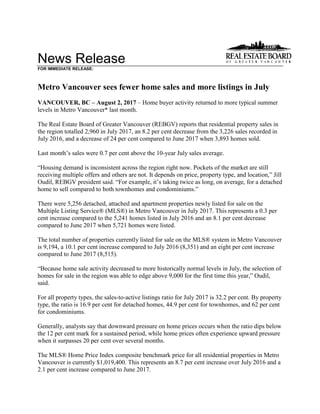 News Release
FOR IMMEDIATE RELEASE:
Metro Vancouver sees fewer home sales and more listings in July
VANCOUVER, BC – August 2, 2017 – Home buyer activity returned to more typical summer
levels in Metro Vancouver* last month.
The Real Estate Board of Greater Vancouver (REBGV) reports that residential property sales in
the region totalled 2,960 in July 2017, an 8.2 per cent decrease from the 3,226 sales recorded in
July 2016, and a decrease of 24 per cent compared to June 2017 when 3,893 homes sold.
Last month’s sales were 0.7 per cent above the 10-year July sales average.
“Housing demand is inconsistent across the region right now. Pockets of the market are still
receiving multiple offers and others are not. It depends on price, property type, and location,” Jill
Oudil, REBGV president said. “For example, it’s taking twice as long, on average, for a detached
home to sell compared to both townhomes and condominiums.”
There were 5,256 detached, attached and apartment properties newly listed for sale on the
Multiple Listing Service® (MLS®) in Metro Vancouver in July 2017. This represents a 0.3 per
cent increase compared to the 5,241 homes listed in July 2016 and an 8.1 per cent decrease
compared to June 2017 when 5,721 homes were listed.
The total number of properties currently listed for sale on the MLS® system in Metro Vancouver
is 9,194, a 10.1 per cent increase compared to July 2016 (8,351) and an eight per cent increase
compared to June 2017 (8,515).
“Because home sale activity decreased to more historically normal levels in July, the selection of
homes for sale in the region was able to edge above 9,000 for the first time this year,” Oudil,
said.
For all property types, the sales-to-active listings ratio for July 2017 is 32.2 per cent. By property
type, the ratio is 16.9 per cent for detached homes, 44.9 per cent for townhomes, and 62 per cent
for condominiums.
Generally, analysts say that downward pressure on home prices occurs when the ratio dips below
the 12 per cent mark for a sustained period, while home prices often experience upward pressure
when it surpasses 20 per cent over several months.
The MLS® Home Price Index composite benchmark price for all residential properties in Metro
Vancouver is currently $1,019,400. This represents an 8.7 per cent increase over July 2016 and a
2.1 per cent increase compared to June 2017.
 