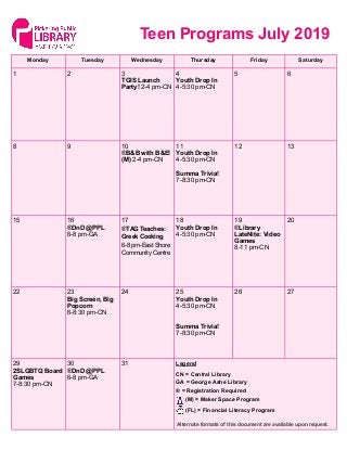 Pickering Public Library July 2019 Monthly Program Calendars