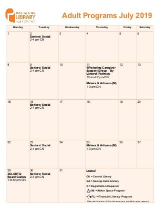 Pickering Public Library July 2019 Monthly Program Calendars