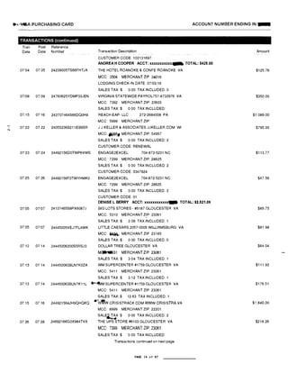 ....I
N
....v�A PURCHASING CARD ACCOUNT NUMBER ENDING IN:-
TRANSACTIONS (continued)
Tran Post Reference
Date Date Number
07104 07 05 24239005TS66FHTJA
07108 07 09 24760625YDMP33JEN
07i15 07i16 242707464S66DQ0H9
07122 0722 24055236B211EB9SR
Transaction Description
CUSTOMER CODE:102131697
ANDREA H COOPER ACCT: xxxxxxxxxxx� TOTAL: $425.00
THE HOTEL ROANOKE & CONFE ROANOKE VA
MCC: 3504 MERCHANT ZIP 24016
LODGING CHECK-IN DATE:07103/19
SALES TAX:$ 0.00 TAX INCLUDED: 0
VIRGINIA STATEWIDE PAYROL757-8732976 VA
MCC: 7392 MERCHANT ZIP: 23603
SALES TAX:$ 0 00 TAX INCLUDED:
REACH EAP· LLC 272-2684008 PA
MCC: 5999 MERCHANT ZIP:
J J KELLER & ASSOCIATES JJKELLER.COM WI
MCC: iiit-§§J MERCHANT ZIP: 54957
SALES TAX $ 0.00 TAX INCLUDED: 2
CUSTOMER CODE: RENEWAL
07 23 01:24 24492156D0TWP6VWS ENGAGE2EXCEL 704-872-5231 NC
07,25 07:26 24492156F0TWYHMK0
0T05 07107 24137465S8PX6087J
07/05 07107 24445005VEJ7FL4WK
07'12 07 14 24445006200S5RSJ3
07,13 07:14 244450063BLN7K0ZA
MCC: 7299 MERCHANT ZIP: 28625
SALES TAX $ 0 00 TAX INCLUDED:2
CUSTOMER CODE: 3347924
ENGAGE2EXCEL 704-872-5231 NC
MCC: 7299 MERCHANT ZIP: 28625
SALES TAX:$ 0.00 TAX INCLUDED: 2
CUSTOMER CODE: 01
DENISE L BERRY ACCT: xxxxxxxxxxxx... TOTAL: $2,521.09
BIG LOTS STORES- #5187 GLOUCESTER VA
MCC: 5310 MERCHANT ZIP:23061
SALES TAX:$ 2.09 TAX INCLUDED: 1
LITTLE CAESARS 2057-0005 WILLIAMSBURG VA
MCC �- MERCHANT ZIP 23185
SALES TAX:$ 0 00 TAX INCLUDED 0
DOLLAR TREE GLOUCESTER VA
MCWJ:'IE31 MERCHANT ZIP: 23061
SALES TAX:$ 3 04 TAX INCLUDED 1
WM SUPERCENTER #1759 GLOUCESTER VA
MCC: 5411 MERCHANT ZIP: 23061
SALES TAX:$ 3.12 TAX INCLUDED:1
07'13 07 14 244450063BLN7K11L .,,41fM SUPERCENTER #1759 GLOUCESTER VA
MCC: 5411 MERCHANT ZIP: 23061
SALES TAX:$ 12.63 TAX INCLUDED:1
0715 07 16 244921564JH9QHQKQ •�.CRISISTRACK COM WWW.CRISISTRA VA
07 26 07128 24692166G2X984TVX
MCC: 8999 MERCHANT ZIP: 22201
SALES TAX $ 0 00 TAX INCLUDED: 2
.....,,.THE UPS STORE #6103 GLOUCESTER VA
MCC: 7399 MERCHANT ZIP: 23061
SALES TAX $ 0 00 TAX INCLUDED
Transactions continued on next page
PAGE 14 of 87
Amount
$125.76
$350.00
$1.089.00
$795.00
$113.77
$47.56
$85.75
$81.98
$64.04
$111.92
$176.51
$1.840.00
$218.26
 