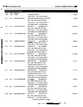 fl1 YflA PURCHASING CARD
•
TRANSACTIONS (continued)
Tran Post R9!erence
Date Date NumbQr
07111 07/12 2469216602XNHV9L7
07111 07/14 241215761PJN4HZ7Z
07/12 07114 241215762SFR5WOME
!!!!!'!
-- 07112 07/15 247893063TWZ2F5QT-------- 07.'16 07117 2491059650D18HJZR
--�
- 07t17 07119 241215767SFR92N8H
----
-- 07117 07119 2475542674DHW3RJE
-==
07.17 07 19 24755426740HW3R7X
07i18 07121 241215768SFR9MQM6
07/18 07/21 241215768SFR9M9ZW
07"19 OT21 241i!lo70�7FRfNX��
Transaction Description
SALES TAX:$ 0.00 TAX INCLUDED: o
AMZN Mktp US*MHOAI7G50 Amzn.com/bill WA
MCC: 5942 MERCHANT ZIP: 98109
SALES TAX:$ 0.00 TAX INCLUDED: 2
CUSTOMER CODE: 111·3378497-49394
GOVCNCTN 603-6832000 NH
MCC: 5045 MERCHANT ZIP: 03054
SALES TAX:$ 0.00 TAX INCLUDED: 2
CUSTOMER CODE: ORDER#:56166115
GOVCNCTN 603·6832000 NH
MCC: 5045 MERCHANT ZIP: 03054
SALES TAX:$ 0.00 TAX INCLUDED: 2
CUSTOMER CODE: ORDER#:56168956
CLOUDFLARE 650-3198939 CA
M��99 MERCHANT ZIP: 94107
SALES TAX:$ 0.00 TAX INCLUDED: 2
DIGICERT INC 601-701-9684 UT
MCC: 7399 MERCHANT ZIP: 84043
SALES TAX:$ 0.00 TAX INCLUDED: 2
CUSTOMER CODE: AF001E1ABF37
,. �GO CNCTN 603-6632000 NH
MCC; 5045 MERCHANT ZIP: 03054
SALES TAX:$ 0.00 TAX INCLUDED: 2
CUSTOMER CODE: ORDER#:56189384
HAMPTON INNS 954-9242700 FL
MCC: 3005 MERCHANT ZIP: 33301
LODGING CHECK-IN DATE: 07117119
SALES TAX:$ 0.00 TAX INCLUDED: O
CUSTOMER CODE: 990071802250068
HAMPTON INNS 954-9242700 FL
MCC: 3665 MERCHANT ZIP: 33301
LODGING CHECK-IN DATE:07/17119
SALES TAX:$ 0.00 TAX INCLUDED:O
CUSTOMER CODE: 990071802250034
GOVC�CJi 603-6832000 NH
•.I
MCC: 5045 MERCHANT ZIP: 03054
SALES TAX:$ 0.00 TAX INCLUDED: 2
CUSTOMER CODE: OROER#:56195833
GOVCNCTN 603-6832000 NH
MCC: 5045 MERCHANTZIP: 03054
SALES TAX$ 0.00 TAX INCLUDED: 2
CUSTOMER CODE: ORDER#:56199513
GOVCNCTN 803-6832000 NH
MCC: 5045 MERCHANTZIP: 03054
SALES TAX:$ 0.00 TAX INCLUDED: 2
Transactions continued on next page
PAGE 17 of 87
ACCOUNT NUMBER ENDING IN: ...
Amount
$70.82
$1.964.36
$1.852.76
$200.00
$1,305.00
$1.446.26
$111.87
$111.87
$230.28
$149.15
$1,890.00
-
 