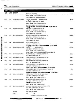 ...A PURCHASING CARD ACCOUNT NUMBER ENDING IN:...
TRANSACTIONS (continued)
Tran Post Reference
Date Date Number Transaction Description Amount
SALES TAX:$ 0.00 TAX INCLUDED: 2
CUSTOMER CODE: 00000000000000000
07i23 07124 24164076QS1YGXBMO QUILL CORPORATION 800-982·3400 SC $73.32
MC�"'s�1 MERCHANT ZIP: 292M
SALES TAX:$ 0.00 TAX INCLUDED: 2
CUSTOMER CODE: 0000000000000000
C. HOPE BROOKS ACCT: xxxxxxxxxxx... TOTAL: $502.00
07.'03 07104 24226385T2LR5WF04 w-'f�T #1759 GLOUCESTER VA $84.48
MCC: 5411 MERCHANT ZIP: 23061
SALES TAX:$ 0.00 TAX INCLUDED: 0
CUSTOMER CODE: 0703191759
07;09 07111 24721935ZS66DM5JY APCO INTERNATIONAL INC 386-9442422 FL $419.00
!!!I!!!!
MCC: 7399 MERCHANT ZIP: 32114
- SALES TAX:$ 0.00 TAX INCLUDED: 2- CUSTOMER CODE: 441407-- 07i19 07'21 242056368S66ENPQD SPORT SHACK HAYES VA $142.00-- MCC: 5941 MERCHANT ZIP:- CYNTHIA F CAWS ACCT: xxxxxxxxx� TOTAL: $645.48
-- INDiMo :iJt- 07/01 07102 24692165N2XM8YSAG 203-564-2400 CT $187.95
- MCC: 5969 MERCHANT ZIP: 06901
SALES TAX:$ 0.00 TAX INCLUDED:
- DAVID SHIELD ACCT: xxxxxxxxxxxdlllllll TOTAL: $187.95
07109 07110 24137465Z017KSTA5 TRACTOR SUPPLY # 1297 GLOUCESTER VA $72.98
MCC: 5599 MERCHANT ZIP:
= 07/09 07'10 24137465Z017KSTQR TRACTOR SUPPLY# 1297 GLOUCESTER VA $54.75
- MCC: 5599 MERCHANT ZIP:-- 'oiJ!ucesTER VET HOSP GLOUCESTER VA-- 07119 07121 242056368S66FQ3L7 $35.13
MCC: 742 MERCHANT ZIP:
07122 07'24 24137466D01 BNAE4E TRACTOR SUPPLY # 1297 GLOUCESTER VA $37.99
MCC: 5599 MERCHANT ZIP:
PHILIP W LUTZ ACCT: xxxxxxxxxxx... TOTAL: $200.85
07'27 01:29 24269796H2XJ3VXOG REBOUNDERZ NEWPORT NEWS NEWPORT NEWS VA $0.01
MCC: 7999 MERCHANT ZIP:
JULIAN J PETROWICZ ACCT: xuxxxxxxxx.9111a TOTAL: $0.01
06129 07i01 24073145MS66QDFLP RICHMOND A/P PARK H·3 804-2263019 VA $72.00
MCC: 7523 MERCHANT ZIP: 23250
SALES TAX:$ 0.00 TAX INCLUDED: 2
00129 07'01 24164075M1RBL18MJ ENTERPRISE RENT-A-CAR PHOENIX AZ. $419.04
MCC: 3405 MERCHANT ZIP: 85034
A�tlENTAL DATE: 06/21/19
SALES TAX:$ 0.00 TAX INCLUDED:
06129 07.'01 24431065MWESNZHJG AMERICAN AIR0010265108343 FORT WORTH TX $30.00
MCC: 3001 MERCHANT ZIP: 85034
5ALE�TNtJ Q,QQ TAX INCLUDl=D:
06/29/19 SAULMAN!CYNTHIA M
1 AA Y EBC FEE
Transactions continued on next page
PAGE 23 of 87 fi''c
•..�.,.;
 