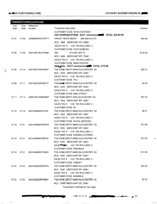 ft.i�A PURCHASING CARD ACCOUNT NUMBER ENDING IN:-
TRANSACTIONS (continued)
Tran Post Reference
Date Date Number Transaction Description Amount
CUSTOMER CODE 0015414126753001
COX COMMUNICATIONS ACCT: xxxxxxxxxx- TOTAL: $33,451.96
07101 0702 24493985N0D18TRYY HANLEY WOOD MEDIA 888-269-8410 DC $54.95
MCC: 5968 MERCHANT ZIP: 20005
SALES TAX$ 0.00 TAXINCLUDED 2
CUSTOMER CODE: AY001DDBC453
07108 071
09 24431065Y60YA7M80 IAEI 972-235-1455 TX $120.00
MCC: 8999 MERCHANT ZIP: 75080
SALES TAX:$ 0.00 TAX INCLUDED: 0
CUSTOMER CODE AM0A1DF957E5
Ptl.l�OLL ACCT: xxxxxxxxxxxlllllll TOTAL: $174.95
'"' 07108 07/10 24610435Y09FNAR87 THE HOME DEPOT #4650 GLOUCESTER VA $35.31
MCC: 5200 MERCHANT ZIP: 23061
SALES TAX$ 0 00 TAX INCLUDED: 0
CUSTOMER CODE: TRL 1
07109 07;11 24610435Z09FMA21T THEH0t,.tf DEPOT #4650 GLOUCESTER VA $4.52
MCC: 5200 MERCHANT ZIP 23061
SALES TAX:$ 0.00 TAX INCLUDED: 0
CUSTOMER CODE: MAIN STREET
07,11 071 14 2469216612X88NW0P THE HOME DEPOT 4650 GLOUCESTER VA $81 20
MCC: 5200 MERCHANT ZIP 23061
SALES TAX:$ 0.00 TAX INCLUDED: 2
CUSTOMER CODE: SS
07116 07118 24610436609FM1X30 THE HOME DEPOT #4650 GLOUCESTER VA $847
MCC: 5200 MERCHANT ZIP: 23061
SALES TAX:$ 0.00 TAX INCLUDED: 0
CUSTOMER CODE SOCIAL SERVICES
07'18 07'21 24610436809FKNSXR THE HOME DEPOT #4650 GLOUCESTER VA $13.56
MCC: 5200 MERCHANT ZIP: 23061
SALES TAX $ 000 TAX INCLUDED 0
CUSTOMER CODE: SIDEWALK CORNER
0718 07'21 24610436809FKNS1D THE HOME DEPOT #4650 GLOUCESTER VA $14.00
MCC: 5200 MERCHANT ZIP: 23061
SALE�$ 0.00 TAX INCLUDED. 0
CUSTOMER CODE: SIDE WALK
0719 07 21 24610436909FPJMQ3 THE HOME DEPOT #4650 GLOUCESTER VA $12.83
MCC: 5200 MERCHANT ZIP: 23061
SALES TAX$ 0.00 TAX INCLUDED: 0
CUSTOMER CODE LIRBARY
07 22 07•24 24610436Q09FMVKPJ THE HOME DEPOT #4650 GLOUCESTER VA $22.30
MCC 5200 MERCHANT ZIP: 23061
SALES TAX$ 0.00 TAX INCLUDED: 0
CUSTOMER CODE: SIDEWALK
07'2'.3 07'25 24610436D09FKW567 THE HOME DEPOT #4650 GLOUCESTER VA $7.53
MCC: 5200hMERCHANT ZIP: 23061
Transactions continued on next page
a ;1 &did 0 PAGE 34 of 87
... a .�"f •·-•�·�t ·t . • 203
 