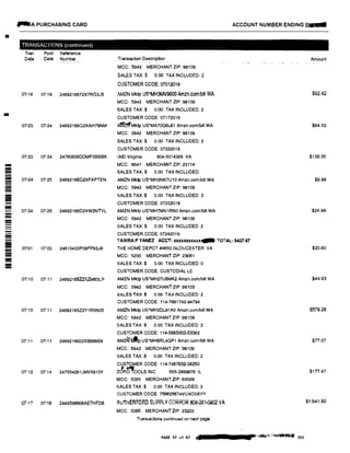 •
-
!!!!!!
--
-
aiiii
...A PURCHASING CARD
TRANSACTIONS (continued)
Tran
Date
Post Reference
Date Number
07118 07119 2469216672X7RG3J5
07123 07!24 24692166O2XAH79NM
Transaction Description
MCC: 5942 MERCHANT ZIP: 98109
SALES TAX:$ 0.00 TAX INCLUDED: 2
CUSTOMER CODE: 07012019
AMZN Mktp US*MH3MV9600 Amzn.comlbill WA
MCC: 5942 MERCHANT ZIP: 98109
SALES TAX:$ 0.00 TAX INCLUDED: 2
CUSTOMER CODE: 07172019
Att1fMktp US*MA70Q6L81 Amzn.com/bill WA
MCC: 5942 MERCHANT ZIP: 98109
SALES TAX:$ 0.00 TAX INCLUDED: 2
CUSTOMER CODE: 07232019
07/23 07!24 24760626DDMP388BK IAEI Virginia 804-5014365 VA
MCC: 8641 MERCHANT ZIP:23114
SALES TAX:$ 0.00 TAX INCLUDED:
07/24 07125 24692166D2XPXPTEN AMZN Mktp us·MH2NK7U10 Amzn.comtbil! WA
MCC: 5942 MERCHANT ZIP: 98109
SALES TAX:$ 0.00 TAX INCLUDED: 2
CUSTOMER CODE: 07232019
07!24 07125 24692166D2XW3NTYL AMZN Mktp US*MH7MV1RN0 Amzn.com/bill WA
MCC: 5942 MERCHANT ZIP: 98109
SALES TAX:$ 0.00 TAX INCLUDED: 2
CUSTOMER CODE: 07242019
ACCOUNT NUMBER ENDING ms t a
Amount
$92.42
$64.53
$130.00
$8.00
$2499
TAMRA P YANEZ ACCT; xxxxxxxxxx� TOTAL: $437.67
07/01 07103 24610435P09FP63J8 THE HOME DEPOT #4650 GLOUCESTER VA
MCC: 5200 MERCHANT ZIP: 23061
07110 07i11 24692165Z2XZM83LP
07/10 07111 24692165Z2Y1R5N05
07.'11 01111 2469216602XB689S9
07'12 07:14 247554261JMV5910Y
07117 07118 2449398668AE7HFD6
SALES TAX:$ 0.00 TAX INCLUDED: 0
CUSTOMER CODE: CUSTODIAL LE
AMZN Mktp us·MH27U6MK2 Amzn.com/bill WA
MCC: 5942 MERCHANT ZIP: 98109
SALES iAK $ 0.00 TAX INCLUDED: 2
CUSTOMER CODE:114-7881742-94794
AMZN Mktp US'MH2DL91A0 Amzn.com/bill WA
MCC: 5942 MERCHANT ZIP: 98109
SALES TAX:$ 0.00 TAX INCLUDED: 2
CUSTOMER CODE: 114-5865003-53362
AMZ�iltp US*MH6RL4QP1 Amzn.comlbill WA
MCC; 5942 MERCHANT ZIP: 98109
SALES TAX:$ 0.00 TAX INCLUDED: 2
CUSTOMER CODE: 114-7467632-38250
zJ��OOLS INC 855-2899676 IL
MCC: 5085 MERCHANT ZIP: 60089
SALES TAX:$ 0.00 TAX INCLUDED: 2
CUSTOMER CODE: 759S25874VUXO0XYY
RUTHER�ORD SUPPLY CORPOR 804-241•0402 VA
MCC: 5085 MERCHANT ZIP: 23222
Transactions continued on next page
PAGE 37 of 87 $
$20.60
$44.93
$579.28
$177.47
$1.641.90
 