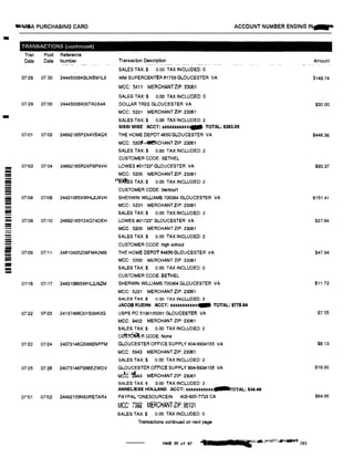 �.JaA PURCHASING CARD ACCOUNT NUMBER ENDING IN
- TRANSACTIONS (continued)
Tran Post Reference
Date Date Number Transaction Description Amount
SALES TAX:$ 0.00 TAX INCLUDED: 0
07129 0730 24445006KBLNB9HL8 WM SUPERCENTER #1759 GLOUCESTER VA $149.74
MCC: 5411 MERCHANTZlP: 23061
SALES TAX:$ 0.00 TAX INCLUDED: 0
07/29 07130 24445006K00TKOX4A DOLLAR TREE GLOUCESTER VA $30.00
MCC: 5331 MERCHANT ZIP: 23061
- SALES TAX:$ 0.00 TAX INCLUDED:2
SISSI MISE ACCT: XUXXXllXXXJIIII TOTAL: $263.00
07101 07/03 24692165P2X4VBAQK THE HOME DEPOT 4650 GLOUCESTER VA $446.36
MCC: 520!J..,Wf!'RCHANT ZIP: 23061
SALES TAX:$ 0.00 TAX INCLUDED: 2
CUSTOMER CODE: BETHEL
� 07/03 07104 24692165R2XPBP9VH LOWES #01723* GLOUCESTER VA $93.37
- MCC: 5200 MERCHANT ZIP: 23061-- t"'§A!Es TAX:$- 0.00 TAX INCLUDED: 2--- CUSTOMER CODE: beotourt---- 07108 07/09 24431065XWHL2J8VH SHERWIN WILLIAMS 705364 GLOUCESTER VA $151.41- MCC: 5231 MERCHANT ZIP: 23061-!!! SALES TAX:$ 0.00 TAX INCLUDED: 2
- 07109 07/10 24692165Y2XQ74DEH LOWES #01723* GLOUCESTER VA $27.84
-- MCC: 5200 MERCHANT ZIP: 23061
-- SALES TAX:$ 0.00 TAX INCLUDED: 2-- CUSTOMER CODE: high school
!!! 07/09 07/11 24610435Z09FMA2MB THE HOME DEPOT #4650GLOUCESTER VA $47.94-- MCC: 5200 MERCHANT ZIP: 23061!!!!
- SALES TAX:$ 0.00 TAX INCLUDED: 0- CUSTOMER CODE: BETHEL
07116 07117 244310665WHL2J9ZM SHERWIN WILLIAMS 705364 GLOUCESTER VA $11.72
MCC: 5231 MERCHANT ZIP: 23061
SALES TAX:$ o 00 TAX INCLUDED: 2
JACOB KUEHN ACCT: xxxxxxxxxx� TOTAL: $778.64
07122 07123 24137466O01839KOG USPS PO 5136120261 GLOUCESTER VA $7 35
MCC; 9402 MERCHANT ZIP: 23061
SALES TAX:$ 0.00 TAX INCLUDED: 2
clf§toM:R CODE: None
07/22 07124 24073146OS66ENPFM GLOUCESTER OFFICE SUPPLY 804-6934155 VA $8,13
MCC: 5943 MERCHANT ZIP: 23061
SALES TAX:$ 0.00 TAX INCLUDED: 2
07/25 07!28 24073148FS66EZWDV GLOUCESTER OFFICE SUPPLY 804-6934155 VA $19.00
Mcfil}"'4s MERCHANT ZIP: 23061
SALES TAX:$ 0.00 TAX INCLUDED: 2
ANNELIESE HOLLAND ACCT: XXXXXXXXXXJ. £
07'01 07102 24492155NS0RETAR4 PAYPAL *ONESOURCEIN 402-935-n33 CA $84.00
MCC: 7392 MERCHANTZIP: 95131
SALES TAX:$ 0.00 TAX INCLUDED: 0
Transactions oontinued on next page
PAGE 39 of 87 •• @ •nc·,,·•-�e''"'�203
 