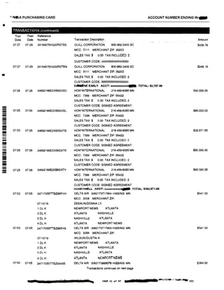 •
•
==---------
iiiii
=-
--
4 �A PURCHASING CARD
TRANSACTIONS (continued)
Tran Post Reference
Date Date Number
07/27 07129 24164076H320ASTSS
07127 07129 24164076H320ASTW4
07'25 07:26 24692166E2XB6SXSD
07125 07/26 24692166E2XB6SXSL
07125 07/26 24692166E2XBBSXTB
07125 07!26 24692166E2XB6SXTK
07125 01125 24692166E2XB&SXTV
07'03 07105 24717055TTBZ66AVH
07110/19
1 DL K
2 DLK
3 DL H
4 DL H
07103 07105 24717055TTBZ66RV9
07110119
1 OLK
2 OLK
3DLH
4DL H
07103 07!05 24717055TTBZ66V85
a IF
ACCOUNT NUMBER ENDING IN:-
Transaction Description-·- --··----- . ------- ·-
QUILL CORPORATION 800-982-3400 SC
MCC: 5111 MERCHANT ZIP: 29203
SALES TAX:$ 0.00 TAX INCLUDED: 2
CUSTOMER CODE: 00000000000000000
QUILL CORPORATION 800-982-3400 SC
MCC: 5111 MERCHANT ZIP: 29203
SALES TAX:$ O 00 TAX INCLUDED: 2
CUSTOMER CODE: 000000000000000
DAlllllfNE EARLY ACCT: xxxxxxxxxXJCelll TOTAL: $2,767.96
HON.INTERNATIONAL 216-459-6085 MN
MCC: 7399 MERCHANT ZIP: 55422
SALES TAX:$ 0.00 TAX INCLUDED: 2
CUSTOMER CODE: SIGNED AGREEMENT
HON*lNTERNATIONAL 216-459-6085 MN
MCC: 7399 MERCHANT ZIP: 55422
SALES TAX:$ 0 00 TAX INCLUDED: 2
CUSTOMER CODE: SIGNED AGREEMENT
HON*INTERNATIONAL 216-459-6085 MN
MCC: 7399 MERCHANT ZIP: 55422
SALES TAX:$ 0.00 TAX INCLUDED: 2
CUSTOMER CODE:SIGNED AGREEMENT
HON'INTERNATlONAL 216-459-6085 MN
MCC: 7399 MERCHANT ZIP: 55422
SALES TAX:$ 0.00 TAX INCLUDED: 2
CUSTOMER CODE: SIGNED AGREEMENT
HON•INTERNATIONAL 216-459-6085 MN
MCC: 7399 MERCHANT ZIP: 55422
SALES TAX:$ 0,00 TAX INCLUDED: 2
CUSTOMER CODE: SIGNED AGREEMENT
HONEYWELL ACCT, 1<xXXXXJ<X1tX - TOTAL! $392,671.65
DELTA AIR 0062173717904 HIBBING MN
MCC: 3056 MERCHANT ZIP:
DEBAUN/DONNA LY
NEWPORT NEWS ATLANTA
ATLANTA NASHVILLE
NASHVILLE ATLANTA
ATLANTA NEWPORT NEWS
DELTA AIR 0062173717903 HIBBING MN
MCC: 3058 MERCHANT ZIP:
W!LSONIDUSTIN A
NEWPORT NEWS ATLANTA
ATLANTA NASHVILLE
NASHVILLE
ATLANTA
ATLANTA
NEWPORT NEWS
DELTA AIR 0062173995079 HISSING MN
Transactions contin1.1ed on next page
1r nm... PAGE 41 of B7
Amount
$436,76
$246,19
$90000.00
$90,000.00
$32,671.65
$90.000,00
$90.000.00
$541.00
$541.00
$384.00
 