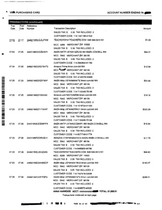 I
-----
-------!!!I!
!!!!
;;;;;
--
----
---
" VJ. PURCHASING CARD ACCOUNT NUMBER ENDING IN:..
TRANSACTI ONS (continued)
Tran Post Reference
Date Date Number Transaction Description Amount
SALES TAX:$ 0.00 TAX INCLUDED: 2
CUSTOMER CODE: 112·1431198-41522
07/16 07i17 244921565LSJEJPXW TEACHERSPAYTEACHERS.COM 646-588-0910 NY $1.00
MCC: 8299 MERCHANT ZIP: 1000S
SALES TAX:$ 0.00 TAX INCLUDED: 0
07/24 07125 24431066D2DZ20SP1 AMZN MKTP US*MA14Z5JX2 AM AMZN.COM/BILL WA $94.31
MCC: 5942 MERCHANT ZIP: 98109
SALES TAX:$ 0.00 TAX INCLUDED: 2
CUSTOMER CODE: 114-3683893-81786
07124 01125 24692166D2XS7EHT3 Amazon Prime Amzn.com/bill WA $12.99
MCC:� MERCHANT ZIP: 98109
SALES TAX:$ 0.00 TAX INCLUDED: 2
CUSTOMER CODE:D01-4145076-64930
07125 07>25 24692166E2XZX795P AMZN Mldp US*MA86M4Tl2 Amzn.com/bill WA $53.93
MCC: 5942 MERCHANT ZIP: 98109
SALES TAX:$ o 00 TAX INCLUDED: 2
CUSTOMER CODE: 114-7130245-75106
07125 07125 24692166E2Y053S30 Amazon.com·MH7CA5R60 Am:tn.com/bill WA $19.18
MCC: 5942 MERCHANTZIP: 98109
SALES TAX:$ 0.00 TAX INCLUDED: 2
CUSTOMER CODE: 114·1018724-41330
07125 07'25 24692166E2Y173KXF AMZN Mklp US*MA8ZISNO1 Amzn.com/bill WA $323.29
MCC: 5942 MERCHANT ZIP: 98109
SALES TAX:$ 0.00 TAX INCLUDED: 2
CUSTOMER CODE: 114-7130245-75106
07125 07(26 24431066E2DZOEIPPX AMZN MKTP US*MA3OO6NR1 AM AMZN.COM/BILL WA $16.84
MCC: 5942 MERCHANT ZIP: 98109
SALES TAX:$ 0.00 TAX INCLUDED: 2
CUSTOMER CODE: 114-80m48-01TT8
07'25 07126 24431066F2DKNZE31 AMAZON.COM•MH8$25WD0 AMZN AMZN.COM/BILL WA $1779
MCC: 5942 MERCHANT ZIP: 98109
SALES TAX:$ 0.00 TAX INCLUDED: 2
CUSTOMER CODE: 114·9466800-99786
0T25 07126 24492156ELS53Z45G TEACHERSPAYTEACHERS.COM 646-588-0910 NY $88.80
MCC: 8299 MERCHANT ZIP: 10003
SALES TAX:$ 0.00 TAX INCLUDED: 0
07125 07126 24692166E2XKA6EDP AMZN Mktp US*MH4A11WU0Amzn.com/bill WA $183.07
MCC: 5942 MERCHANT ZIP: 98109
SALES TAX:$ 0.00 TAX INCLUDED: 2
CUSTOMER CODE: 114•7447416-02938
07,'26 07128 24692166F2X5T?ZP2 AMZN Mktp US"MA09G1072 Amzn com/bill WA $399.51
MCC: 5942 MERCHANT ZIP: 98109
SALES TAX:$ o.oo TAX INCLUDED: 2
CUSTOMER CODE: 114·4048570-403:30
ANNA HARWOOD ACCT: xxxxxxuxXX..- TOTAL: S1,889.111
Transactions continued on next page
a PAGE '+5 of 67 ·11 7 �-,mdffi�'k·. ·" ' ... .,. 203
 