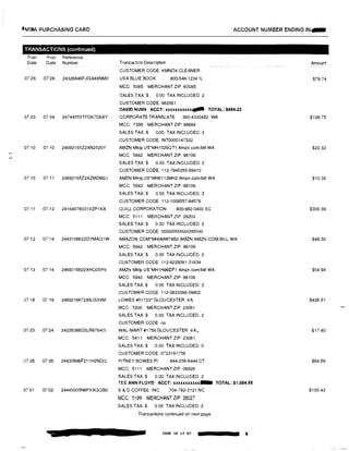 l4Jl9A PURCHASING CARD ACCOUNT NUMBER ENDING IN�
TRANSACTIONS (continued)
Tran Post Reference
Date Date Number Transaction Description Amount
CUSTOMER CODE: KMN04 CLEANER
07 26 071
28 24326846FJGA8XNMO USA BLUE BOOK 800-548-1234 IL $79.74
MCC: 5085 MERCHANT ZIP 60085
SALES TAX$ 0 00 TAX INCLUDED 2
CUSTOMER CODE: 962061
DAVID NUNN ACCT: xxxxxxxxxxx-- TOTAL: $484.22
0703 07.04 24744555TFDK7D5XY CORPORATE TRANSLATE 360-4330432 WA $138.75
MCC: 7399 MERCHANT ZIP: 98684
SALES TAX:$ 0.00 TAX INCLUDED: 2
CUSTOMER CODE: INT0000147332
07110 07,10 24592155Z2XN2520Y AMZN Mktp US*MH1529QT1 Amzn.com/bill WA $22.32
,.. MCC 5942 MERCHANT ZIP: 98109
SALES TAX:$ 0.00 TAX INCLUDED: 2
CUSTOMER CODE: 112-7945355-69410
07'10 07 11 24692155Z2XZMDM2J AMZN Mktp US*MH6112MH2 Amzn.com/bill WA $10.35
MCC 5942 MERCHANT ZIP 98109
SALES TAX:$ 0.00 TAX INCLUDED: 2
CUSTOMER CODE: 112-1008557-84578
07,11 07i12 24154076031VZP1KX QUILL CORPORATION 800-982·3400 SC $300.39
MCC: 5111 MERCHANT ZIP: 29203
SALES TAX:$ 0.00 TAX INCLUDED: 2
CUSTOMER CODE: 00000000000000000
07 12 07'14 2443106622DYMAQ1W AMAZON.COM'MHOMW78B2 AMZN AMZN.COMiBILL WA $49.30
MCC: 5942 MERCHANT ZIP: 98109
SALES TAX:$ 0.00 TAX INCLUDED: 2
CUSTOMER CODE: 112·8229081-31834
07113 07 14 2469216622XHQ05P9 AMZN Mktp US'MH1H96DF1 Amzn.com,bill WA $54.94
MCC: 5942 MERCHANT ZIP: 98109
SALES TAX$ 0 00 TAX INCLUDED: 2
CUSTOMER CODE: 112-0833395-58802
07 18 07'19 2469216672X6JS3VM LOWES #01723*GLOUCESTER VA $426.51
MCC: 5200 MERCHANT ZIP 23061
SALES TAX$ 0.00 TAX INCLUDED. 2
CUSTOMER CODE: no
07 23 07'24 24226386D2LR8764G WAL-MART#1759GLOUCESTER VA, $17.40
MCC 5411 MERCHANT ZIP: 23061
SALES TAX:$ 0.00 TAX INCLUDED 0
CUSTOMER CODE: 0723191759
07'26 07'26 24430996F211H2NDQ PITNEY BOWES Pl 844-256·6444 CT $64.59
MCC 5111 MERCHANT ZIP 06926
SALES TAX.$ 0.00 TAX INCLUDED: 2
TEE ANN FLOYD ACCT: xxxxxxxxxxxJIIII TOTAL: $1,084.55
07"01 07102 24445005N8PVXQQBO S & D COFFEE INC 704·782-3121 NC $100.43
MCC 5199 MERCHANT ZIP: 28027
SALES TAX:$ 0.00 TAX INCLUDED 2
Transactions continued on next page
PAGE 48 of 87
 