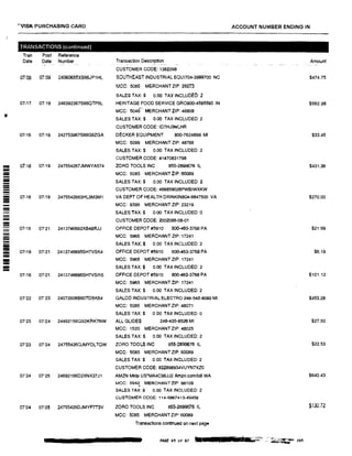 '¥'VISA PURCHASING CARD ACCOUNT NUMBER ENDING IN
TRANSACTIONS (continued)
Tran Post Reference
Date Date Number Transaction Description Amount
CUSTOMER GODE: 1382098
01:oa 07.09 24060655XS66JP1HL SOUTHEAST INDUSTRIAL EQUl704-3999700 NC $474.75
MCC: 5085 MERCHANT ZIP: 28273
SALES TAX:$ 0.00 TAX INCLUDED: 2
07i17 07/19 246392367S66QTP5L HERITAGE FOOD SERVICE GROB00-4585593 IN $562.98
MCC: 5046. MERCHANT ZIP: 46808
SALES TAX:$ 0.00 TAX INCLUDED: 2
CUSTOMER CODE: ID7HJ9WLHR
07116 07!19 242753967S66G8ZGA DECKER EQUIPMENT 800-7624899 Ml $33.45
MCC: 5099 MERCHANT ZIP: 48768
SALES TAX:$ 0.00 TAX INCLUDED: 2
CUSTOMER CODE: 41470831798
l!!!!!! 07i18 07119 247554267JMWYA574 ZORO TOOLS INC 855-2899676 IL $431.36
= MCC: 5085 MERCHANT ZIP: 60089-- SALES TAX:$ 0.00 TAX INCLUDED: 2--- CUSTOMER CODE: 466859028PWBIWXKW-- 07118 07/19 24755426B3Hl3M3M1 VA DEPT OF HEALTH DRINKIN804·8647500 VA $270.00-= MCC: 9399 MERCHANT ZIP: 23219- SALES TAX:$ 0.00 TAX INCLUDED: 0
-- CUSTOMER CODE: 200208&-08-01-- 07118 07121 2413746682XB4SRJJ OFFICE DEPOT #5910 800-463-3768 PA $21.99-- MCC: 5965 MERCHANT ZIP: 17241
- SALES TAX:$ 0.00 TAX INCLUDED: 2
07119 07121 2413746695SH7VSK4 OFFICE DEPOT #5910 B00-463-3766 PA $6.19
- MCC: 5965 MERCHANT ZIP: 17241
SALES TAX:$ 0.00 TAX INCLUDED: 2
07!19 07121 2413746695SH7VSRS OFFICE DEPOT #5910 800-463-3768 PA $101.12
MCC: 5965 MERCHANTZIP: 17241
SALES TAX:$ 0.00 TAX INCLUDED: 2
07122 07•23 24072806B60TDBKS4 GALCO INDUSTRIAL ELECTRO 248-542·9090 Ml $453.28
MCC: 5085 MERCHANT ZIP: 48071
SALES TAX:$ 0.00 TAX INCLUDED: 0
07:23 07124 24492156QS0KRK7NW ALL GLIDES 248-435-8526 Ml $27.50
MCC: 1520 MERCHANT ZIP:48025
SALES TAX:$ 0.00 TAX INCLUDED: 2
07.'23 07.'24 24755426QJMYDLTQW ZORO TOOLS INC 855-2899676 IL $22.53
MCC: 5085 MERCHANT ZIP: 60089
SALES TAX:$ 0.00 TAX INCLUDED: 2
CUSTOMER CODE: 832898934VUYN7XZO
07'24 07125 24692166D2XNX37J1 AMZN Mktp US*MA4C98JJ2 Amzn.com/biH WA $640.43
MCC: 5942 MERCHANT ZIP: 98109
SALES TAX:$ 0.00 TAX INCLUDED: 2
CUSTOMER CODE: 114·6867413-49458
071
24 07125 24755426DJMYP7T3V ZORO TOOLS INC 865-2899676 IL $130.72
MCC: 5085 MERCHANT ZIP'. 60089
Transactions continued on m,xt page
$1£ JUJilldifJ " ,f_ 5,J:ftt�,.;
PAGE 49 of 37 F'P> Z03
 