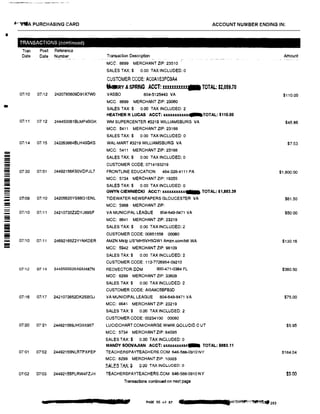 ■
-
=='!
-------=-------=-
-
4'•VftA PURCHASING CARD
TRANSACTIONS (continued)
Tran Post Reference
Date Date Number
07i10 07/12 2420785609D91X7WO
07.'11 OT12 244450061BLMP4BGK
07!14 07,15 242263864BLH40GKS
07'30 07131 24492156KSOVDPJL7
07f09 07110 24205635YS66G1ENL
07/10 07111 24210735Z20YJ89SF
07/10 07111 24692165Z2Y1NKDER
07112 0714 244S5S5S2BASM487N
07:16 07117 2421073652DK2SBGJ
07/20 07'21 244921569JHG9X95T
07I01 071
02 24492155NLRTPXPEP
07f02 07103 24492155PLRW4FZJH
a L
ACCOUNT NUMBER ENDING IN:
Transaction Description
MCC: 8699 MERCHANTZIP: 23510
SALES TAX:$ 0.00 TAX INCLUDED: 0
CUSTOMER CODE: ACOA1 E3FC9A4
-RY A SPRING ACCT: xxxxxxxxxxx.. TOTAL: $2,059.70
VASBO 804·5125443 VA
MCC 8699 MERCHANTZIP: 23060
SALES TAX:$ 0.00 TAX INCLUDED: 2
HEATHER R LUCAS ACCT: xxxxxxxxxxx,.-..TOTAL: $110.00
WM SUPERCENTER #3219 WILLIAMSBURG VA
MCC: 5411 MERCHANT ZIP: 23188
SALES TAX:$ 0.00 TAX INCLUDED: 0
WAL-MART #3219 WILLIAMSBURG VA
MCC: 5411 MERCHANTZIP:23188
SALES TAX:$ 0.00 TAX INCLUDED: 0
CUSTOMER CODE: 0714193219
FRONTLINE EDUCATION 484-328·4111 PA
MCC: 5734 MERCHANT ZIP: 19355
SALES TAX:$ 0.00 TAX INCLUDED: O
GWYN CIEMNIECKI ACCT: xxxxxxxxx� TOTAL: $1,863.39
TIDEWATER NEWSPAPERS GLOUCESTER VA
MCC: 5968 MERCHANT ZIP:
VA MUNICIPAL LEAGUE 804-649-8471 VA
MCC: 8641 MERCHANT ZIP: 23219
SALES TAX:$ 0.00 TAX INCLUDED: 2
CUSTOMER CODE: 00851558 00080
AMZN Mktp US*MH5VH5QW1 Amzn.comlbill WA
MCC: 5942 MERCHANT ZIP: 98109
SALES TAX:$ 0.00 TAX INCLUDED: 2
CUSTOMER CODE: 113-n26954-09210
REDVECTOR.COM 800-471-0384 FL
MCC: 8299 MERCHANT ZIP: 33609
SALES TAX:$ 0.00 TAX INCLUDED: 2
CUSTOMER CODE: AlOA8C5BFB3D
VA MUNICIPAL LEAGUE 804-649-8471 VA
MCC: 8641 MERCHANT ZIP: 23219
SALES TAX:$ 0.00 TAX INCLUDED: 2
CUSTOMER CODE: 00234100 00080
LUC!OCHART.COMICHARGE WWW.GOLUOIO.C UT
MCC: 5734 MERCHANTZIP: 84095
SALES TAX:$ 0.00 TAX INCLUDED: 0
MANDY SOOVAJIAN ACCT: x.uxxxxxxxx.91111 TOTAL: $683.11
TEACHEASPAYTEACHERS.COM 646-588-0910 NY
MCC: 8299 MERCHANT ZIP: 10003
SALE5 TM:� o.oo TAX INCL.UDED: 0
TEACHERSPAYTEACHERS.COM 646-588-0910 NY
Transactions CQntinuQd on next page
••• PM£ 55 nf 87 JI ·
Amount
$110.00
$45.86
$7.53
$1,800.00
$61.5 0
$50.00
$1:30.16
$360.50
$75.00
$5.95
$164 04
 