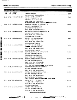 !!!!!
--
--=
-=iii
!!!!
-
�� PURCHASING CARD ACCOUNT NUMBER ENDING IN:...
TRANSACTIONS (contmued)
Tran Post Reference
Dale Date Number Transaction Description Amount
CUSTOMER GODE: 00000000000000000
07126 0728 74692166F2Y0S1VOY LOWES #01723* GLOUCESTER VA $73.04•
MCC: 5200 MERCHANTZIP: 23061
SALES TAX;$ o.oo TAX INCLUDED:
PATRICIA MCGRATH ACCT: xxxxxxxxxxx... TOTAL:$957.32
07106 07107 24435655V11GY9T90 SHERATON CHAPEL HILL HTL CHAPEL HILL NG $652.63
MCC: 7011 MERCHANT ZIP: 27517
LODGING CHECK-IN DATE: 07/21/19
SALES TAX:$ 97.89 TAX INCLUDED: 1
07/11 07112 24906416026XE7P3F AHM"SPEECHPATHOLOGV.COM 800-2425183 TX $89.00
MCC: 5968 MERCHANT ZIP: noos
SALES TAX:$ 0.00 TAX INCLUDED: 0
CUSTOMER CODE: SCTA1825673
07118 07119 2422638682LR0MFLP WAL-MART #1759 GLOUCESTER VA $39.51
MCC: 5411 MERCHANT ZIP: 23061
SALES TAX:$ 0.00 TAX INCLUDED: 0
CUSTOMER CODE: 0718191759
07118 07/19 2422638682LR7454Q WAL-MART #1759 GLOUCESTER VA $28.56
M�1 MERCHANTZIP: 23061
SALES TAX:$ 0.00 TAX INCLUDED: 0
CUSTOMER CODE: 0718191759
07123 07/24 24435S56O11GYAP5G SHERATON CHAPEL HILL HTL CHAPEL HILL NC $130.53
MCC: 7011 MERCHANT ZIP: 27517
LODGING CHECK-IN DATE: 07/21119
SALES TAX:$ 19.58 TAX INCLUDED: 1
07126 07'28 24692168F2XXXYT6W AMZN Mktp US"MA27S1321 Amzn.com/bill WA $422.96
MCC: 5942 MERCHANT ZIP: 98109
SALES TAX:$ 0.00 TAX INCLUDED: 2
CUSTOMER CODE: 112·8964374-03466
PATTY DIAL ACCT: llUXXXXll� TOTAL: $1,383.19
07'16 0717 244450066BLMLSWLA WM SUPERCENTER #1759 GLOUCESTER VA $25.58
MCC: 5411 MERCHANT ZIP: 23061
SALES TAX:$ 0.00 TAX INCLUDED: 0
07/25 07/26 24060656ES66JANJJ AMERICAN ASSOC OF SCHOOL 703-8750700 VA $460.00
MCC: 8641 MERCHANT ZIP: 22203
SALES TAX:$ 0.00 TAX INCLUDED: 2
CUSTOMER CODE: AP0EFOC6A85B
CAROL B. DEHOUX ACCT: XXXXXllXXllxualil TOTAL:$485.58
07:17 07118 240113366S66KQ709 JRS POS DEPOT an-9997374 FL $2.6n.39
MCC: 5964 MERCHANT ZIP: 33065
SALES TAX:$ 0.00 TAX INCLUDED: 2
CUSTOMER CODE: 0204748
07117 07'18 2449215S6JHBYBPYF VAGP.ORG WWW.VAGP.ORG VA $149.00
MCC: ssgg MERCHANT ZIP: 23320
SALES TAX:$ o.oo TAX INCLUDED: o
Transactions continued on next page
PAGE 61 of 87 I V·,;-,�"'�.�.,,,iqt 203
 