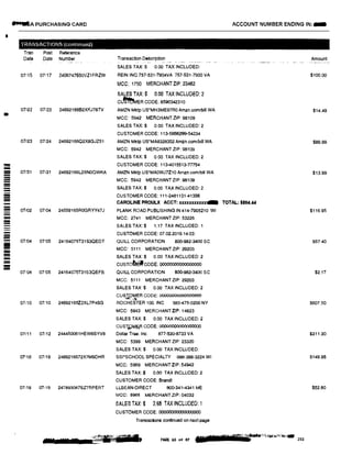 ....A PURCHASING CARD
I
TRANSACTIONS (continued)
Tran Post Reference
Date Date Number Transaction Description
SALES TAX:$ 0.00 TAX INCLUDED:
07115 07117 2406747650VZ1FRZW REIN INC 757·53H904VA 757-531-7900 VA
MCC: 1750 MERCHANTZIP: 23462
SALES TAX:$ 0.00 TAX INCLUDED: 2
C�ER CODE: 8590342310
07122 07/23 24692166B2XKJ78TV AMZN Mktp us•MH3ME97R0 Amzn.com/bill WA
MCC: 5942 MERCHANT ZIP: 98109
SALES TAX:$ 0.00 TAX INCLUDED: 2
CUSTOMER CODE: 113·5666299-54234
07123 07/24 24692166O2X8GJZ51 AMZN Mktp us·MA8328352 Amzn.comlbill WA
MCC: 5942 MERCHANT ZIP: 98109
SALES TAX:$ 0.00 TAX INCLUDED: 2
!!!! CUSTOMER CODE: 113•4015513·77754
- 07/31 07131 24692166L2XN0QWKA AMZN Mktp US'MA0WJ7Z10 Amzn.com/bill WA-- MCC: 5942 MERCHANT ZIP: 98109---- SALES TAX:$ 0.00 TAX INCLUDED: 2--- CUSTOMER CODE: 111·2481131-41308--- CAROLINE PROULX ACCT: xxnxxxxxxx...-- 07102 07104 24559165ROGRYY47J PLANK ROAD PUBLISHING IN 414-7905210 WI
- MCC: 2741 MERCHANT ZIP: 53226-- SALES TAX:$ 1.17 TAX INCLUDED: 1
CUSTOMER CODE: 07.02.2019.14:03:--- 07/04 07'05 24164075T31S3OEDT QUILL CORPORATION 800-982·3400 SC
MCC: 5111 MERCHANT ZIP: 29203
SALES TAX:$ 0.00 TAX INCLUDED: 2
cusTo�-#cooe: 000000000000000
07/04 07105 24164075T31S3QEFB QUILL CORPORATION 800-982·3400 SC
MCC: 5111 MERCHANT ZIP: 29203
SALES TAX:$ 0.00 TAX INCLUDED: 2
CUSTOMER CODE: 000000000000000
Wt.+,,,.
07/10 07/10 24692165Z2XL7P4SG ROCHESTER 100. INC 585-475·0200 NY
MCC: 5943 MERCHANT ZIP: 14623
SALES TAX:$ 0.00 TAX INCLUDED: 2
CUST,.Q1'¥1F,R CODE: 00000000000000000
07/11 07i12 244450061HEWBSYVB Dollar Tree. Inc. 877-530-8733 VA
MCC: 5399 MERCHANT ZIP: 23320
SALES TAX:$ 0.00 TAX INCLUDED:
07118 07!19 2489216672X7M9DHR ss1·scHOOL SPECIALTY 888-388-3224 WI
MCC: 5969 MERCHANT ZIP: 5494.2
SALES TAX:$ 0.00 TAX INCLUDED:2
CUSTOMER CODE: Brandt
07i18 07119 247893067SZ7RPERT LLBEAN-DIRECT 800-341•4341 ME
MCC: 5965 MERCHANT ZIP: 04032
SALES TAX:$ 2.65 TAX INCLUDED: 1
CUSTOMER CODE: 000000000000000
Transactions continued on next page
an rrr r;;; ,;f{f,�ey·sr■ PAGI:: 63 of 87
ACCOUNT NUMBER ENDING IN: -
TOTAL: $804..U
Amount-- -------•TI
$100.00
$14.49
$89.99
$13.99
$116.95
$67.40
$2.17
$607.50
$311.30
$149.95
$52.60
 