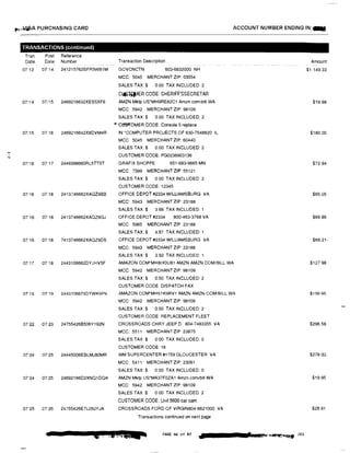 �-t·/¥J,f,A PURCHASING CARD
TRANSACTIONS (continued)
Tran Post Reference
Date Date Number
07 12 0714 241215762SFR5WB1M
07114 07/15 2469216632XES5XF6
07115 07 16 2469216642X8DVM4R
N
07/16 07'17 2449398660RL5TT5T
07116 07/18 2413746662XAQZ9BB
07/16 07118 2413746662XAQZ9GJ
07116 07,18 7413746662XAQZ9DS
07/17 0718 2443106662DYJHV5F
07118 07'19 2443106672DYWK9P9
07'22 07 23 24755426B506Y192N
07!24 07'25 24445006EBLMJ80MR
07'24 07'25 24692166D2XNQ1DOK
07'25 07'26 24755426E7L250YJA
,,'
ACCOUNT NUMBER ENDING IN:-
Transaction Description
GOVCNCTN 603-6832000 NH
MCC: 5045 MERCHANT ZIP: 03054
SALES TAX:$ 0.00 TAX INCLUDED: 2
C��'fAER CODE: SHERIFF'SSECRETAR
AMZN Mktp US*MH9RE82C1 Amzn.com/bill WA
MCC: 5942 MERCHANT ZIP: 98109
SALES TAX:$ 0.00 TAX INCLUDED: 2
• CWS'l"OMER CODE: Console 5 replace
IN *COMPUTER PROJECTS OF 630-7548820 IL
MCC 5045 MERCHANT ZIP: 60440
SALES TAX:$ 0.00 TAX INCLUDED: 2
CUSTOMER CODE: PG0236903136
GRAFIX SHOPPE 651-683-9665 MN
MCC: 7399 MERCHANT ZIP: 55121
SALES TAX:$ 0 00 TAX INCLUDED: 2
CUSTOMER CODE: 12345
OFFICE DEPOT #2334 WILLIAMSBURG VA
MCC: 5943 MERCHANT ZIP: 23188
SALES TAX:$ 3.68 TAX INCLUDED: 1
OFFICE DEPOT #2334 800-463-3768 VA
MCC 5965 MERCHANT ZIP 23188
SALES TAX:$ 4.57 TAX INCLUDED: 1
OFFICE DEPOT #2334 WILLIAMSBURG VA
MCC: 5943 MERCHANT ZIP 23188
SALES TAX:$ 3.92 TAX INCLUDED: 1
AMAZON.COM'MH81X0U81 AMZN AMZN.COM/BILL WA
MCC: 5942 MERCHANT ZIP: 98109
SALES TAX:$ 0.00 TAX INCLUDED: 2
CUSTOMER CODE DISPATCH FAX
AMAZON.COM'MH51K9RV1 AMZN AMZN.COM/BILL WA
MCC: 5942 MERCHANT ZIP: 98109
SALES TAX:$ 0.00 TAX INCLUDED: 2
CUSTOMER CODE: REPLACEMENT FLEET
CROSSROADS CHRY JEEP D 804-7483355 VA
MCC: 5511 MERCHANT ZIP 23875
SALES TAX:$ 0 00 TAX INCLUDED: 0
CUSTOMER CODE: 16
WM SUPERCENTER #1759 GLOUCESTER VA
MCC: 5411 MERCHANT ZIP: 23061
SALES TAX:$ 0 00 TAX INCLUDED:0
AMZN Mktp us·MA37F0ZA1 Amzn,com/bill WA
MCC: 5942 MERCHANT ZIP: 98109
SALES TAX$ 0 00 TAX INCLUDED 2
CUSTOMER CODE: Unit 5600 car cam
CROSSROADS FORD OF VIRGIN804-8621000 VA
Transactions continued on next page
�&Aaa- PAGE 66 of 87
• I& •i•·',,.,��• zo3
Amount
$1.149,33
$19,98
$180.00
$72,94
$65,05
$69 86
$69,21-
$127 98
$159,95
$296.58
$278,00
$19.95
$25.91
 