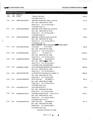�A PURCHASING CARD
TRANSACTIONS (continued)
Tran
Date
Post Reference
Date Number
07 24 07 25 24692166D2XK9QDV4
07131 07 31 24692166L2XRED6VM
07,31 07'31 24692166L2XRS64KM
Transaction Description
CUSTOMER CODE: 310
AMZN Mktp US'MA8YR8JY2 Amzn.comibill WA
MCC: 5942 MERCHANT ZIP: 98109
SALES TAX:$ 0.00 TAX INCLUDED: 2
CUSTOMER CODE: 310
AMZN Mktp US"MA1T82ZB0 Amzn.comibill WA
MCC: 5942 MERCHANT ZIP: 98109
SALES TAX:$ 0 00 TAX INCLUDED: 2
CUSTOMER CODE: 310
AMZN Mktp us·MA9Y91LIO Amzn.comlbill WA
MCC: 5942 MERCHANT ZIP: 98109
SALES TAX $ 0 00 TAX INCLUDED: 2
CUSTOMER CODE: 310
ACCOUNT NUMBER ENDING IN:....
Amount
$12.16
$18,15
$38.30
MARYE SIMMONS ACCT: xxxxxxxxxxx- TOTAL: $101.77
07101 07103 24247605PEJ5SLVGQ
07/02 07/03 24275395PS66LGWEL
USA CLEAN 217-877·4002 IL
MCC 2842 MERCHANT ZIP: 62526
SALES TAX:$ 0.00 TAX INCLUDED 0
CES 507 757-3452375 VA
MCC: 5065 MERCHANT ZIP: 23188
SALES TAX $ 0.00 TAX INCLUDED: 2
07102 07 '03 24489935RHEWGQV2V 1 000BULBS.COM 800-624-4488 TX
MCC: 5251 MERCHAl,ijlP: 75041
07'02 07103 24493985R61JHZ6EB
01,02 01103 24692165P2X9PX9W6
07102 07'03 24755425PJMR6NH58
07102 071
04 74247605REJDTFHJ7
071
03 07104 24258025R0FXYBD1R
07'03 07104 24755425RJMRFLVSO
SALES TAX:$ 0 00 TAX INCLUDED: 2
CUSTOMER CODE: 000000002536583
COOK & BOARDMAN NEWPORTN 336-768-8872 VA
MCC: 5251 MERCHANT ZIP: 23608
SALES TAX:$ 0.00 TAX INCLUDED: 2
IN 'BW BATTERY WHOLESALE.214-2358649 TX
MCC: 5099 MERCHANT ZIP: 75243
SALES TAX:$ 0.00 TAX INCLUDED:
ZORO TOOLS INC 855-2899676 IL
MCC: 5085 MERCHANT ZIP: 50089
SALES TAX:$ 0.00 TAX INCLUDED 2
CUSTOMER CODE: unset
USA CLEAN DECATUR IL
MCC: 2842 MERCHANT ZIP: 62526
SALES TAX:$ 0.00 TAX INCLUDED:
THE WEBSTAURANT STORE 717-392-7472 PA
MCC: 5046 MERCHANTZIP: 17602
SALES TAX:$ 0 00 TAX INCLUDED 2
CUSTOMER CODE 41961171
ZORO TOOLS INC 855-2899676 IL
MCC 5085 MERCHANT ZIP: 60089
SALES TAX:$ 0 00 TAX INCLUDED 2
CUSTOMER CODE: unset
Transactions continued on next page
PAGE 70 of 87 •
I
$56.20
$1,989.30
$793 82
$264.96
$598.62
$50.19
$2.45-
$183.21
$51.12
 