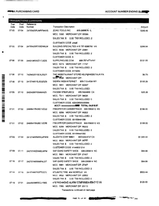 ■
=-
_,.A PURCHASING CARD
TRANSACTIONS (continued)
Tran Post Reference
Date Date Number
07/03 07104 24755425RJMRFM4VS
07103 07104 24755425R7X5EW6LM
07/08 07109 24431085X0017J3DS
07!08 07110 74258025YOEXL5S2Y
01:oa 01:10 24137465YEJE02GZ9
07/09 07110 24204295Y0049AAZO
07'01 07'02 24906415N26E1VD32
01101 01102 24900415N26E1VD56
07103 07!04 24137465R8ROL4FWW
07109 01,11 24270745ZS66EJ6PM
07'16 07117 242707465S66F4LQT
07'18 07!19 2413746675SF70D7J
07:19 07121 2444500685SQJ159G
Transaction Description
ZORO TOOLS INC 855-2899676 IL
MCC: 5085 MERCHANT ZIP: 60089
SALES TAX:$ 0.00 TAX INCLUDED: 2
CUSTOMER CODE: unset
BUILDING SPECIALTIES 415 757-8386760 VA
MCC: 5039 MERCHANT ZIP: 23661
SALES TAX:$ 0.00 TAX INCLUDED: 2
CUSTOMER CODE: 6
SUPPLYHOUSE.COM 888-757-4TT4 NY
MCC: 5074 MERCHANT ZIP: 11747
SALES TAX: $ 0 00 TAX INCLUDED: 2
CUSTOMER CODE: 6170050
THE WEBSTAURANT STORE HELP@WEBSTAUR PA
M�& MERCHANT ZIP:
SIERRA WEB-INTERNET 800-713-4534 WY
MCC: 5651 MERCHANT ZIP: 82007
SALES TAX:$ 0.00 TAX INCLUDED:
FACEBK 57B3PL6EC2 650-5434800 CA
MCC; 7311 MERCHANT ZIP: 94025
SALES TAX: S 0.00 TAX INCLUDED: 0
CUSTOMER CODE: 420429000200589
ACCT: xxxxxxxx.xxxx- TOTAL: $4,818.67
FREDPRYOR CAREERTRACK 800-5563012 KS
MCC; 8299 MERCHANT ZIP: 66202
SALES TAX:$ 0.00 TAX INCLUDED: 2
CUSTOMER CODE: 001008441098
FREDPRYOR CAREERTRACK 800-5563012 KS
MCC: 8299 MERCHANT ZIP: 66202
SALES TAX:$ 0.00 TAX INCLUDED: 2
CUSTOMER CODE: 001008441092
ALLOATA CORP #8601 800-829-8727 CA
MCC: 5533 MERCHANT ZIP: 95757
SALES TAX:$ 0.00 TAX INCLUDED: 2
CUSTOMER CODE: 41448031214
SAF-GARD SAFETY SHOE 336-2353914 NC
MCC: 5661 MERCHANT ZIP: 27407
SALES TAX:$ 0.00 TAX INCLUDED: 2
SAF-GARD SAFETY SHOE 336-2353914 NC
MCC: 5661 MERCHANT ZIP: 27407
SALES TAX:$ 0.00 TAX INCLUDED: 2
ATLANTIC TIRE #34 NORFOLK VA
MCC: 5532 MERCHANT ZIP: 23502
SALES TAX:$ 0.00 TAX INCLUDED: 0
4TE*RICHMONO ALARM COMPAN804-85s.-0110 VA
MCC: 7393 MERCHANT ZIP: 23113
Transactions continued on next page
PAGE 71 o-f !17 ?!jrs:rr
ACCOUNT NUMBER ENDING IN· £
Amount
$289.49
$288.84
$131.55
$6.75-
$105.29
$25.28
$199.00
$199.00
$1.50000
$84.99
$84.99
$503.44
$120.00
 