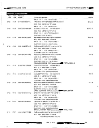 N
• 1Wf'A PURCHASING CARD
TRANSACTIONS (continued)
Tran Post Reference
Date Date Number
07124 0725 24445006D5SO6PAVJ
07125 07/26 24055226EHTZ0NFKA
07125 07126 24692166E2XE51VW3
07/25 07!26 24692166E2XGT6KYA
07:25 07 26 24692166E2XH54GK2
07•11 071
12 24164076031VZEK5M
07!12 07,14 24164076131WA816D
07'25 0726 24692166E2XK9PAZD
071
09 0710 24692165Y2XD5QY4V
07:10 07'11 24692165Z2XZ9PS2D
07i05 07107 24692165S2XYFFND�
E UP a
ACCOUNT NUMBER ENDING IN...
Transaction Description
SALES TAX:$ 0.00 TAX INCLUDED:
4TE•JOHNS BROTHERS SECURl757-852·3300 VA
MCC: 7393 MERCHANT ZIP: 23523
SALES TAX:$ 0.00 TAX INCLUDED:
DUDE SOLUTIONS INC 877-655-3833 NC
MCC: 7399 MERCHANT ZIP: 27518
SALES TAX:$ 136.14 TAX INCLUDED:1
CUSTOMER CODE: 275422712
AMZN Mktp us·MA9UX4AJ2 Amzn.comtbill WA
MCC: 5942 MERCHANT ZIP: 98109
SALES TAX:$ 0.00 TAX INCLUDED: 2
CUSTOMER CODE: 114-9534375-57946
AMZN Mktp US'MA8EL5NW1 Amzn.com/bill WA
MCC: 5942 MERCHANT ZIP: 98109
SALES TAX:$ 0.00 TAX INCLUDED: 2
CUSTOMER CODE: 114•7784131·62410
AMZN Mktp US*MA5FZ3AF2 Amzn.comlbill WA
MCC 5942 MERCHANT ZIP: 98109
SALES TAX:$ 0.00 TAX INCLUDED: 2
CUSTOMER CODE: 114-7784131·62410
MELANIE A BROOKS ACCT: xxxxxxxxxxx- TOTAL: $6,006.50
QUILL CORPORATION 800-982-3400 SC
MCC 5111 MERCHANT ZIP: 29203
SALES TAX$ 0 00 TAX INCLUDED: 2
CUSTOMER CODE: 00000000000000000
QUILL CORPORATION 800-982-3400 SC
MCC: 5111 MERCHANT ZIP 29203
SALES TAX$ 0.00 TAX INCLUDED 2
CUSTOMER CODE: 00000000000000000
AMZN Mktp us·MH2983WK0 Amzncom/bill WA
MCC: 5942 MERCHANT ZIP: 98109
SALES TAX$ 0.00 TAX INCLUDED 2
CUSTOMER CODE: 113-2596122-44226
LAURA E LUTINSKI ACCT: xxxxxxxxxx.... TOTAL: $134.84
GREATER RICHMOND CTR RICHMOND VA
MCC: 7399 MERCHANT ZIP: 23219
SALES TAX:$ 0.00 TAX INCLUDED 2
CUSTOMER CODE: 00000000000000000
GREATER RICHMOND CTR RICHMOND VA
MCC: 7399 MERCHANT ZIP: 23219
SALES TAX:$ 0.00 TAX INCLUDED 2
CUSTOMER CODE 00000000000000000
BRYAN L HARTLEY ACCT: xxxxxxxxxxx- TOTAL: $14.00
AMZ:N Mktp US*MH0UJ6Tl.2 Amz;n.corn/l>ill WA
MCC: 5942 MERCHANT ZIP: 98109
Transactions continued on next page
£i, au PAGE 72 of 87
SL&i a di laa ■!t.__,..203
Amount
$192.50
$2.722.73
$284.99
$58.90
$55 96
$32.07
$88.99
$13.78
$7.00
$700
$31.99
 