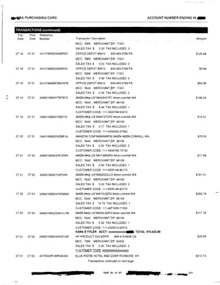...'
N
-�A PURCHASING CARD
TRANSACTIONS (continued)
Tran
Date
Post Reference
Date Number
0718 0721 2413746682XB48RSV
07118 0721 2413746682XB48RX5
0719 07'21 241374668BPZNHXPK
07'19 07'21 2469216682XTMYB73
07 19 0721 2469216682XT8851G
0720 0721 2443106692DKZMFJ9
07 21 07 22 24692166A2XV61ZW4
07 21 07 22 24692166A2Y20PV8V
07 22 07123 24692166B2XFW5BBK
07123 07'24 24692166Q2XAHYL7M
07'01 07'02 24692165N2XKHZ1OB
07'01 07'03 24755425PJMR40Q54
I
ACCOUNT NUMBER ENDING IN:..
Transaction Description
MCC: 5965 MERCHANT ZIP: 17241
SALES TAX:$ 0.00 TAX INCLUDED 2
OFFICE DEPOT #5910 800-463-3768 PA
MCG: 5965 MERCHANT ZIP: 17241
SALES TAX:$ 0.00 TAX INCLUDED:2
OFFICE DEPOT #5910 800-463-3768 PA
MCC: 5965 MERCHANT ZIP: 17241
SALES TAX:$ 0 00 TAX INCLUDED 2
OFFICE DEPOT #5910 800·463-3768 PA
MCC: 5943 MERCHANT ZIP: 17241
SALES TAX:$ 0 00 TAX INCLUDED 2
AMZN Mktp US'MH93H3YF1 Amzn.com/bill WA
MCC: 5942 MERCHANT ZIP:98109
SALES TAX:$ 9.48 TAX INCLUDED:
CUSTOMER CODE: 111-0933788-63010
AMZN Mktp US*MA9727OP2 Amzn.com/bill WA
MCC: 5942 MERCHANT ZIP: 98109
SALES TAX $ 0.77 TAX INCLUDED: 1
CUSTOMER CODE: 111-4035452-37642
AMAZON COM*MA6KM6F82 AMZN AMZN.COMIBILL WA
MCC: 5942 MERCHANT ZIP: 98109
SALES TAX:$ 0 00 TAX INCLUDED: 2
CUSTOMER CODE: 111-4909766-75130
AMZN Mktp US*MH7JM92R0 Amzn.com/bill WA
MCC: 5942 MERCHANT ZIP: 98109
SALES TAX:$ 0.90 TAX INCLUDED: 1
CUSTOMER CODE 111-6535146-90170
AMZN Mktp US*MABDD2LC2 Amzn.com/bill WA
MCC: 5942 MERCHANT ZIP 98109
SALES TAX:$ 0.00 TAX INCLUDED: 2
CUSTOMER CODE: 111-6535146-90170
AMZN Mktp US*MA71C0ZR2 Amzn.comlbill WA
MCC 5942 MERCHANT ZIP 98109
SALES TAX:$ 14.79 TAX INCLUDED: 1
CUSTOMER CODE: 111-4871655-71530
AMZN Mktp US*MA9SJ83P2 Amzn.comlbill WA
MCC: 5942 MERCHANT ZIP: 98109
SALES TAX:$ 5 92 TAX INCLUDED: 1
CUSTOMER CODE: 111·2245212-92570
KARA D TYLER ACCT: xxxxxxxxxxxiall TOTAL: $10,422.89
HP PRODUCT SVC&RPR 800-474-6836 CA
MCC: 7399 MERCHANT ZIP 94304
SALES TAX:$ 0.00 TAX INCLUDED: 2
CUSTOMER CODE: 00000000000000000
BLUE RIDGE HOTEL ANO CONF ROANOKE VA
Transactions continued on next page
1 ?AGE 84 of 87
II -�-
Amount
$125.98
$5.99
$64.06
$188.04
$15.41
$75.03
$17.89
$161.01
$293.79
$117.76
$29.99
$210.74
 