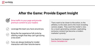 After the Game: Provide Expert Insight
Leverage the team you have around you
Bring the fan experience full circle by
offer...